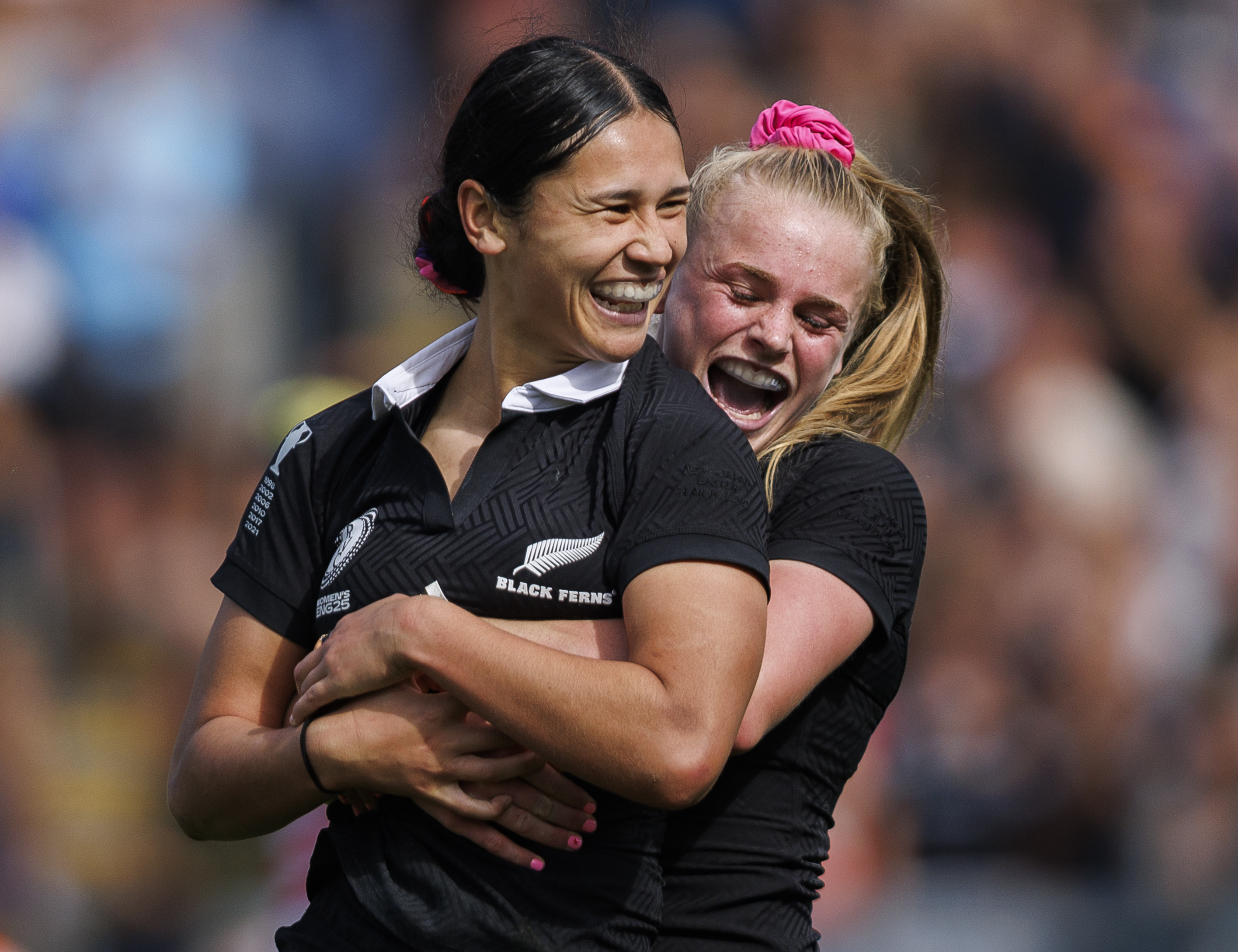Braxton Sorensen-McGee (left) was named World Rugby women's breakthrough player of the year. The teenager is pictured being embraced by Black Ferns teammate Jorja Miller. Photo / Getty Images