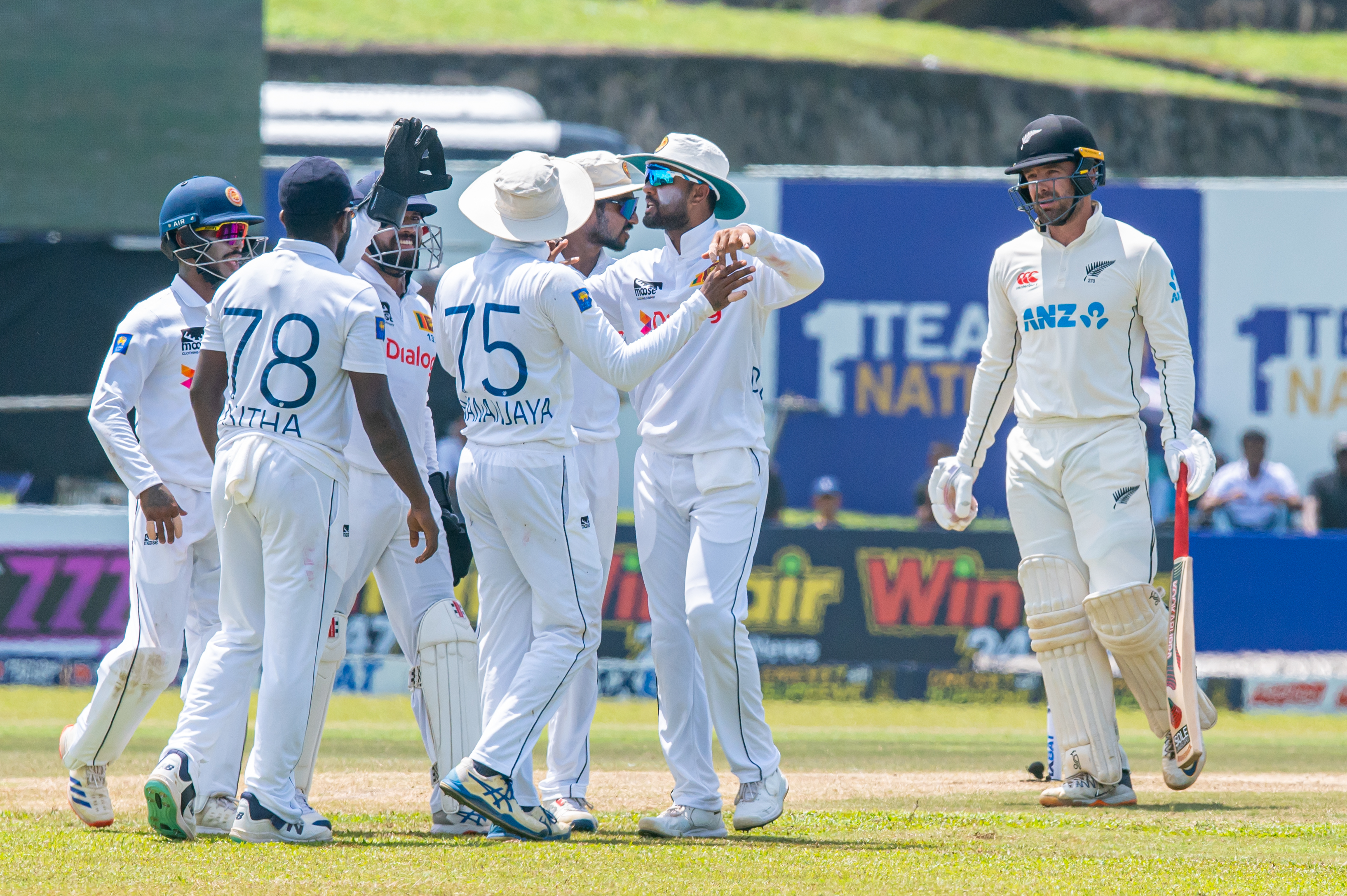 Tom Blundell watches on as the hosts celebrate a wicket on day three. Photo / Sri Lanka Cricket