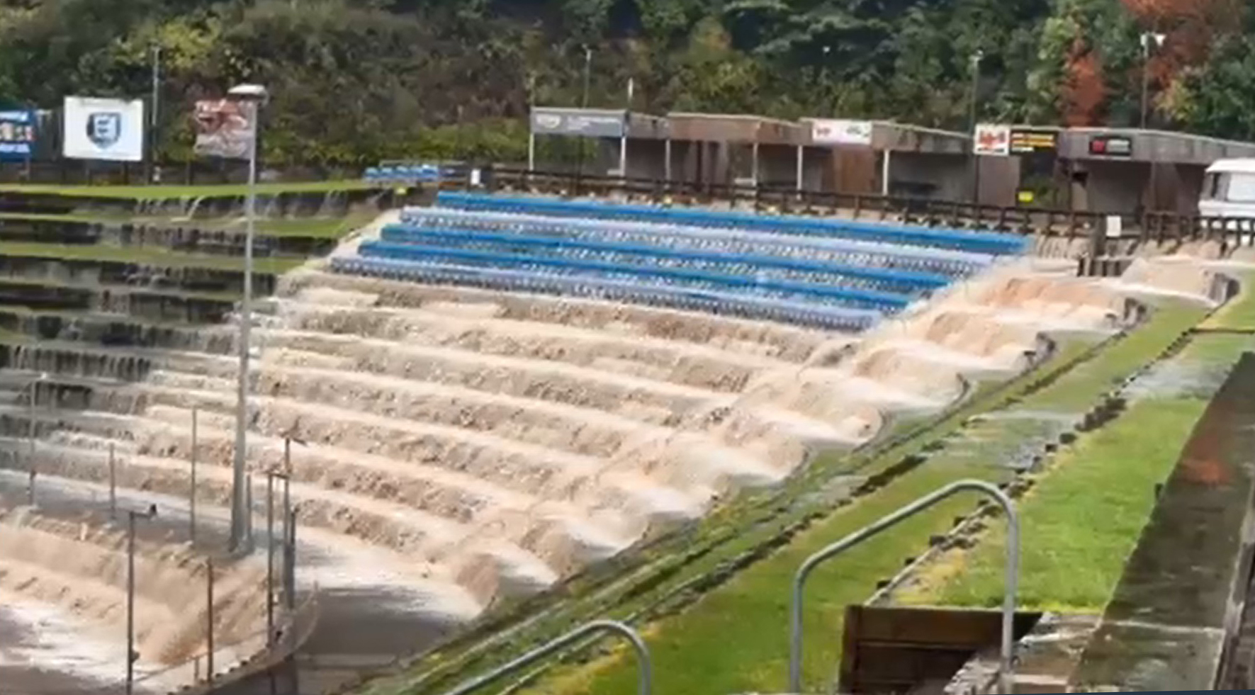 The terraced grandstand was transformed into a waterfall at the speedway.