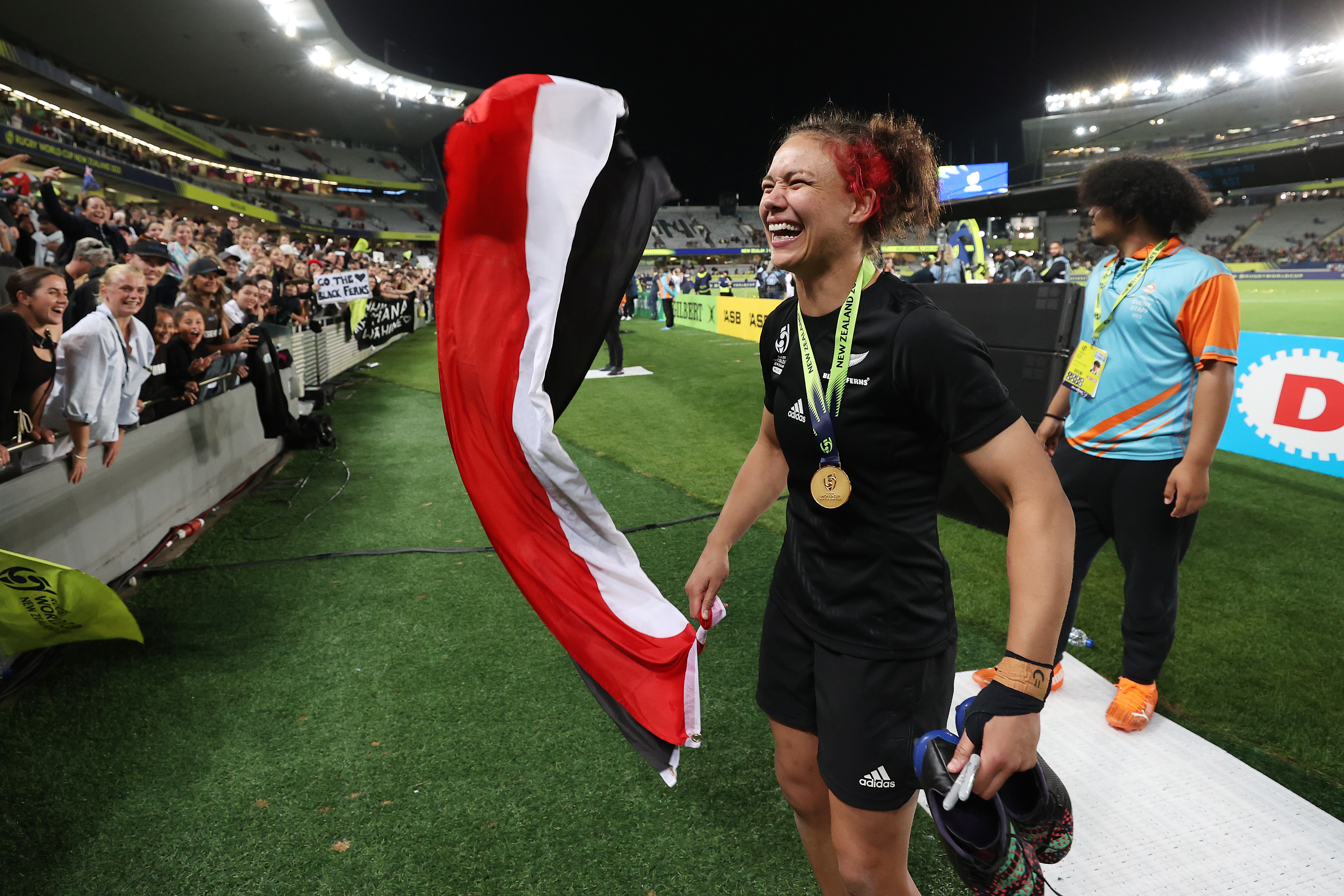Ruby Tui celebrates with fans after the Rugby World Cup final. Photo / Getty Images