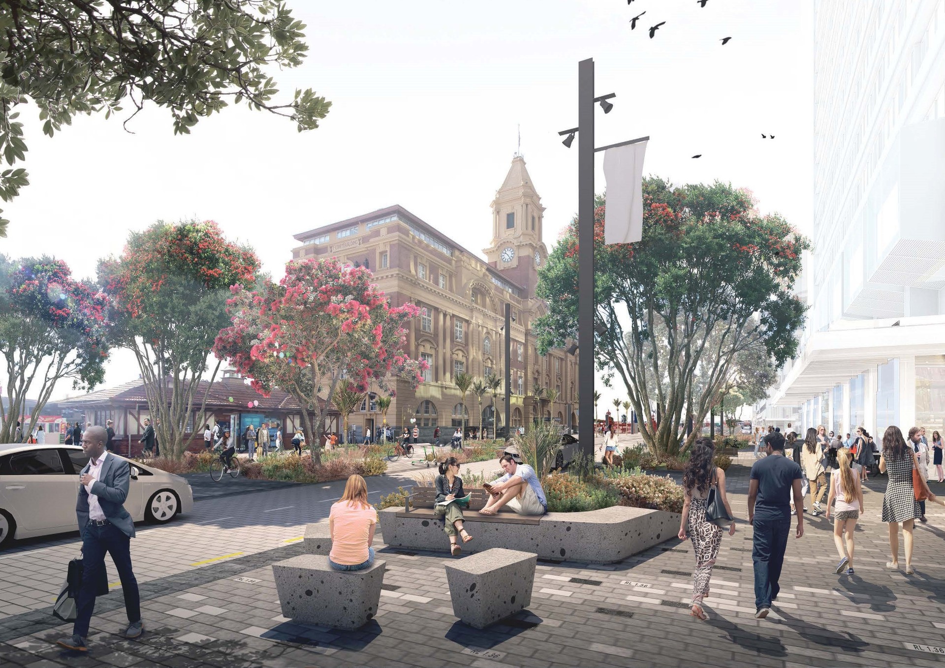 Quay St outside the ferry terminal could be reduced to two lanes of traffic with wider pavements, under a new proposal going before councillors. Image / Supplied