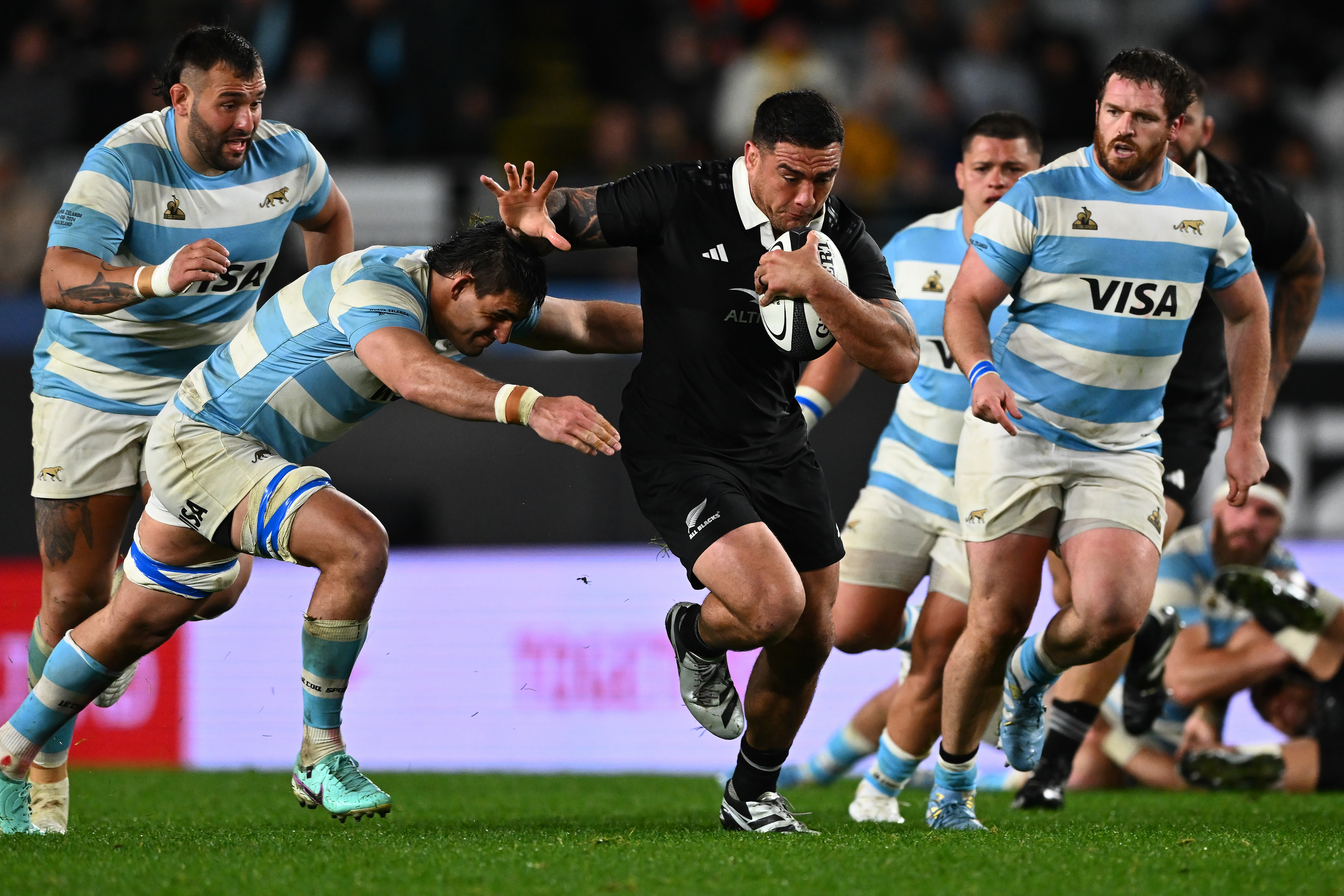Codie Taylor makes a break against Argentina. Photo / Photosport
