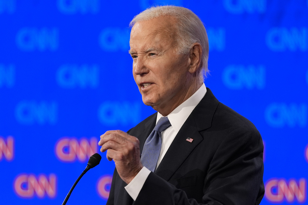 President Joe Biden speaks during a presidential debate hosted by CNN with Republican presidential candidate former President Donald Trump. Photo / AP