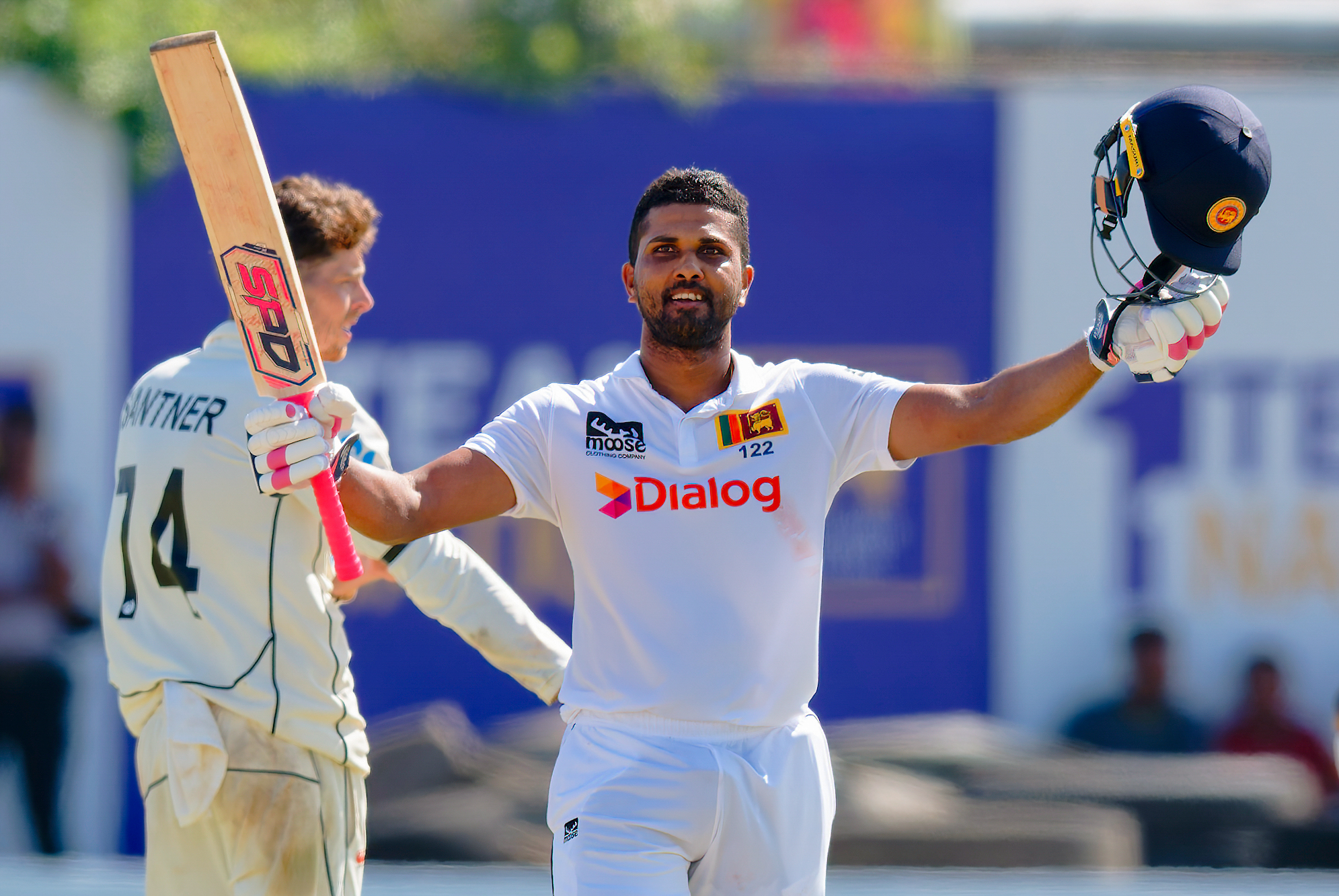 Dinesh Chandimal celebrates his hundred against the Black Caps. Photo / Sri Lanka Cricket