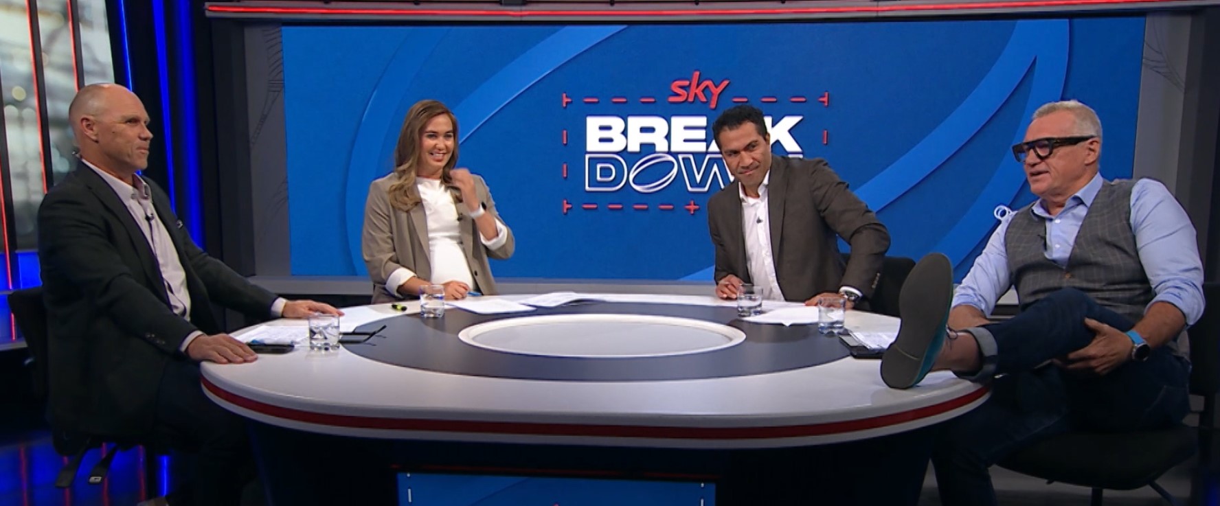 Sir John Kirwan enjoys some banter on The Breakdown show with, from left, Jeff Wilson, Kirstie Stanway and Mils Muliaina.