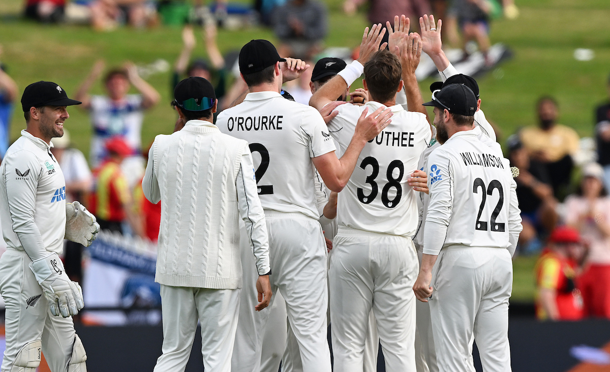 The Black Caps celebrate the wicket of Ben Duckett in Hamilton. Photo / Photosport