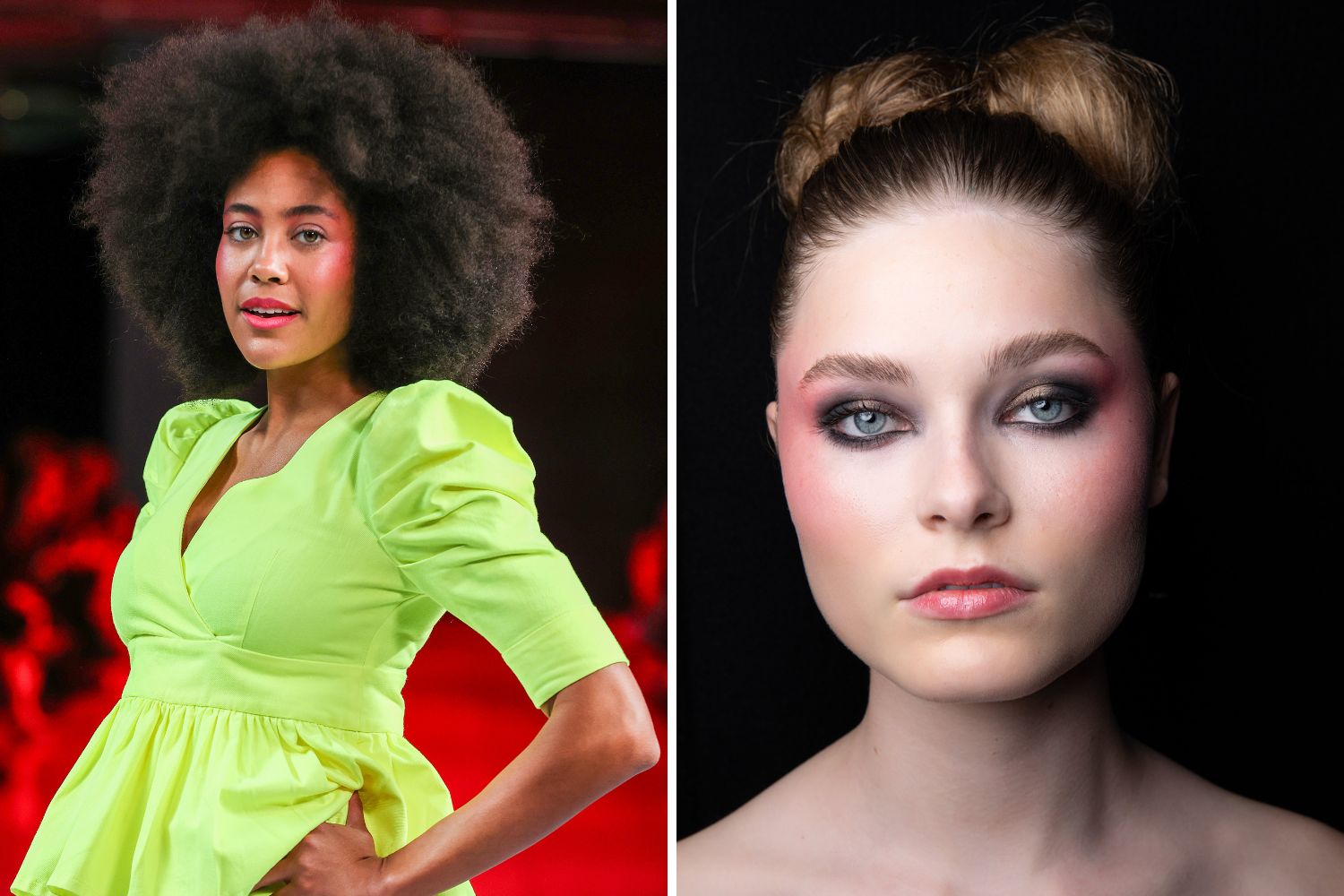 Left to right: Bright pink blush at Bantu. Photo / Getty Images. A sweeping flush at Go Media Miromoda. Photo / Darren Meredith for Basalaj Beauty