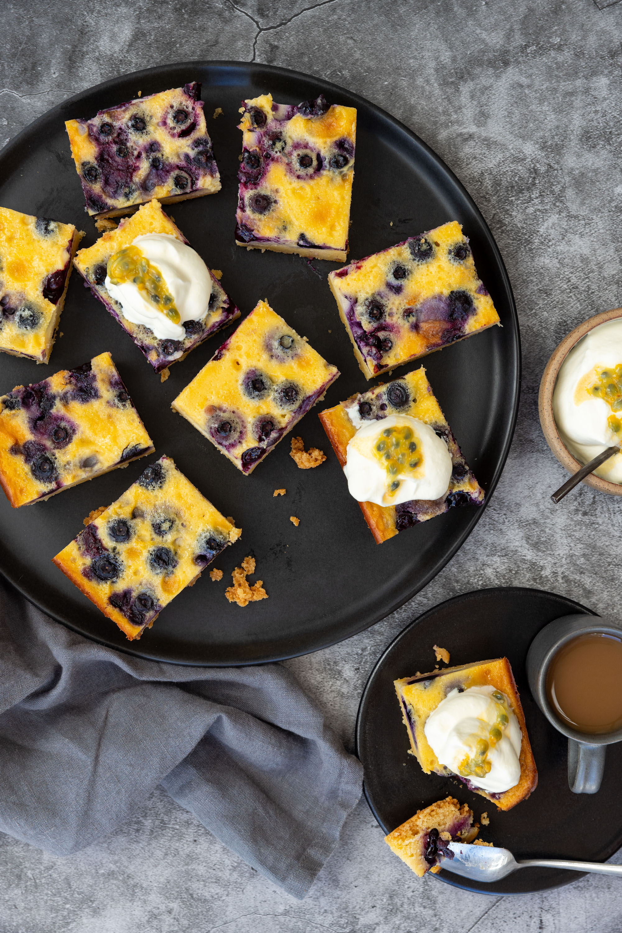 Serve this passionfruit and blueberry custard slice with lightly whipped cream. Photo / Babiche Martens
