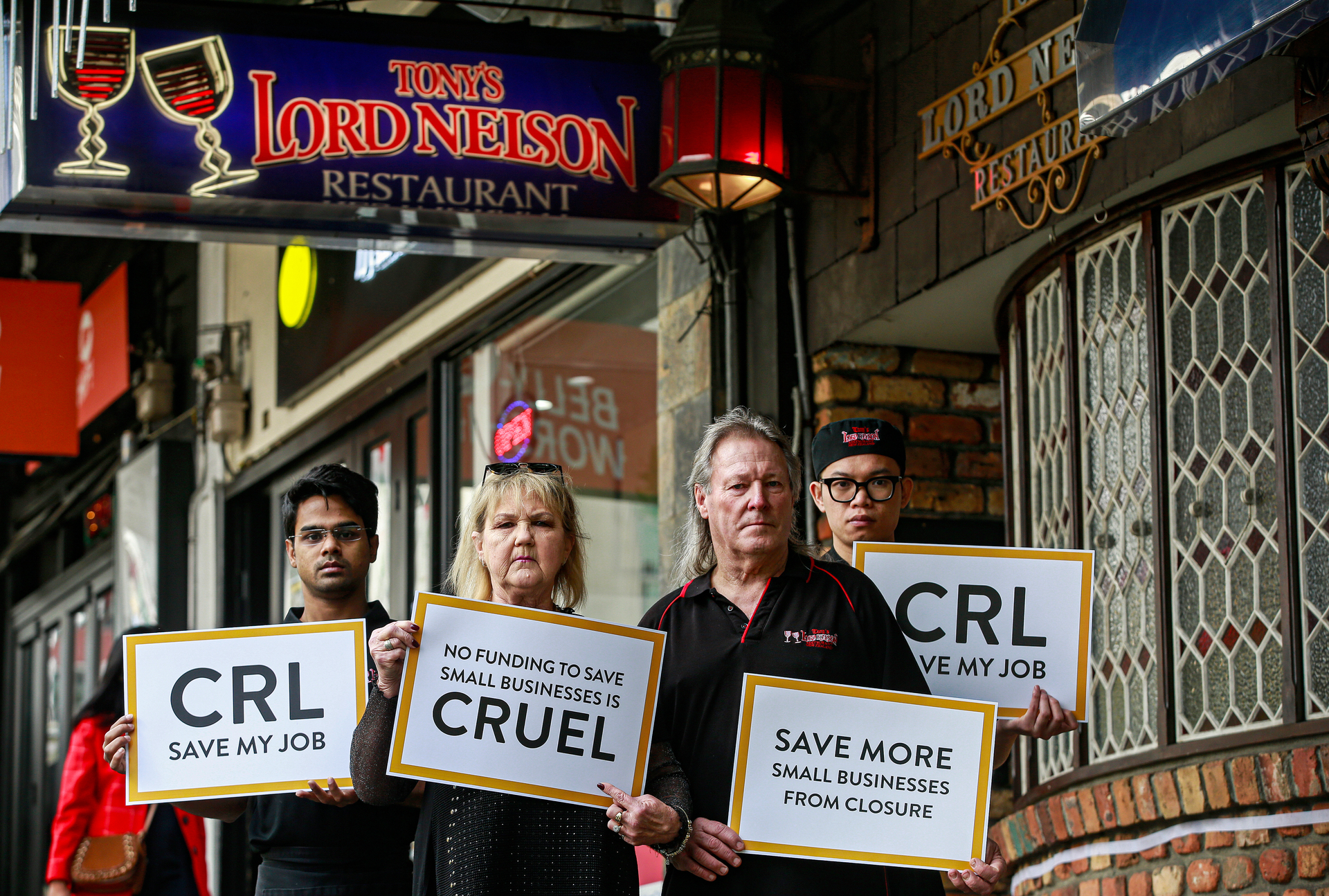 Tony's Lord Nelson restaurant owner Ann Hewlett and staff (from left_ Mihir Bhargava, Don Watt and Henry Truong. Photo / Alex Burton