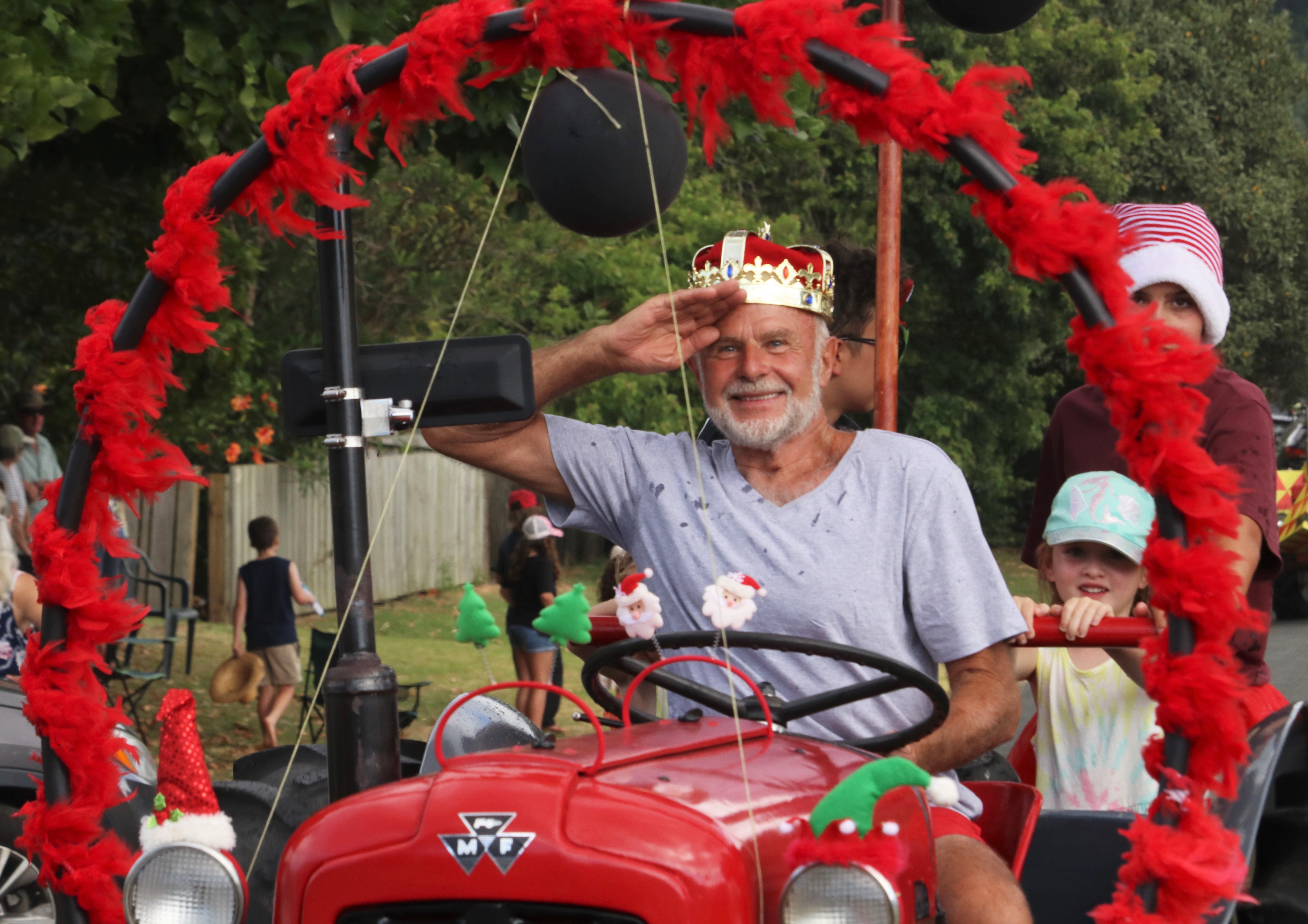 The newly crowned King Charles III (aka Rob Bayes of Red Beach) salutes his subjects. Photo / Peter de Graaf