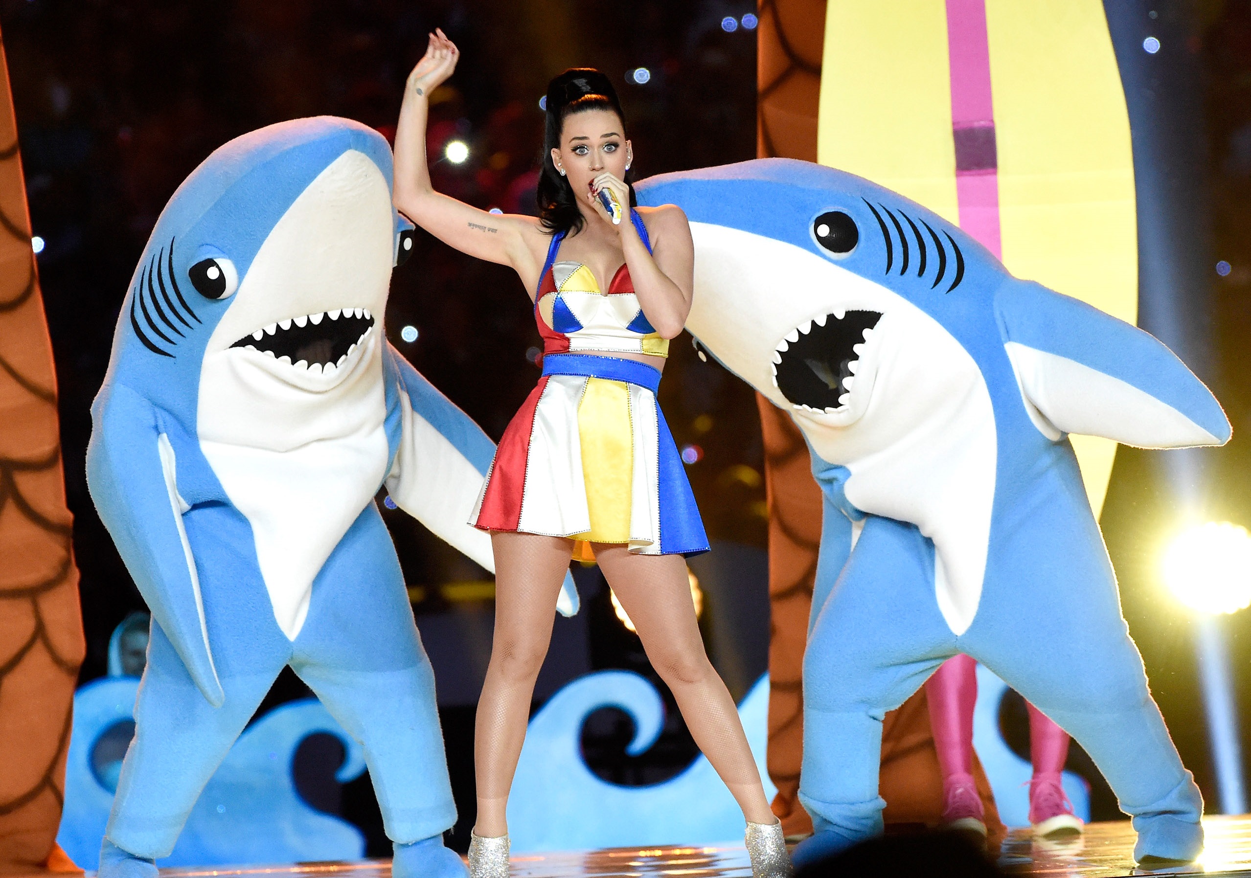 Katy Perry was upstaged by an unco-ordinated shark during her 2015 Super Bowl halftime show in Glendale, Arizona. Photo / WireImage