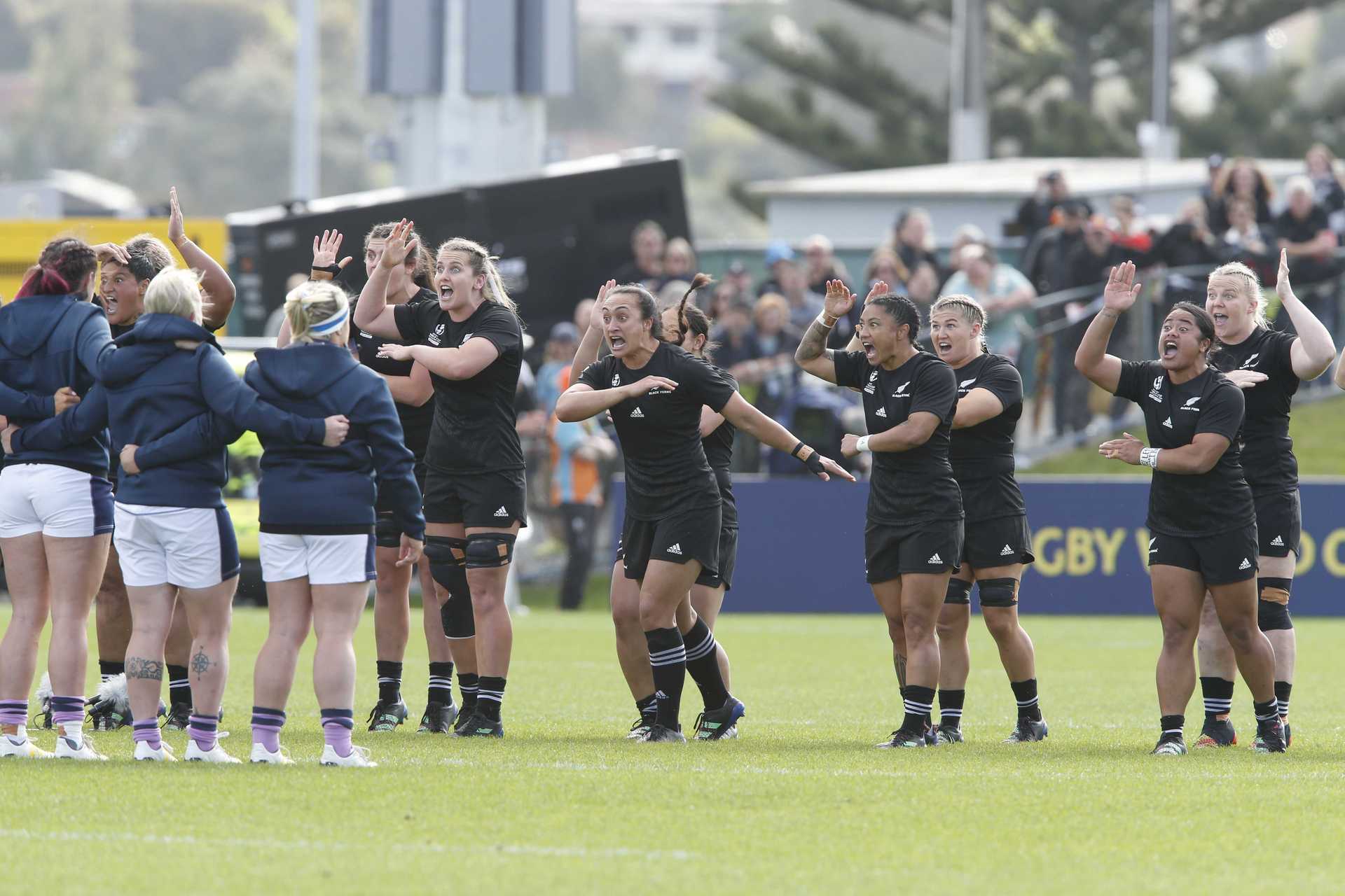 The Black Ferns perform the haka in front of the Scotland Women's Rugby team. Photo / Michael Cunningham