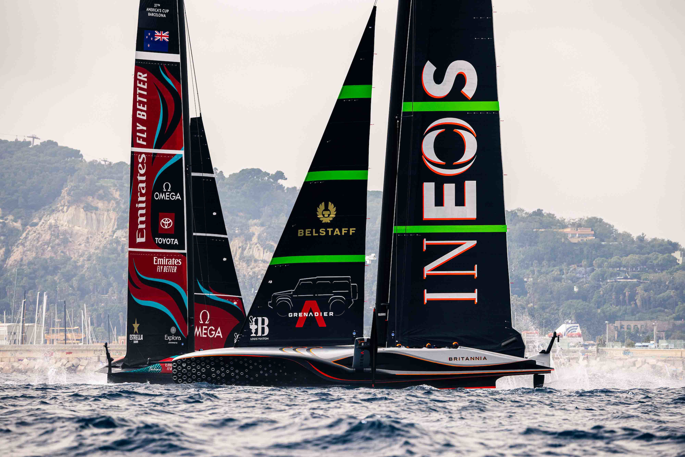 Ineos Britannia chasing Emirates Team New Zealand in the pre-start of race four of the Louis Vuitton 37th America’s Cup in Barcelona. Photo / Photosport