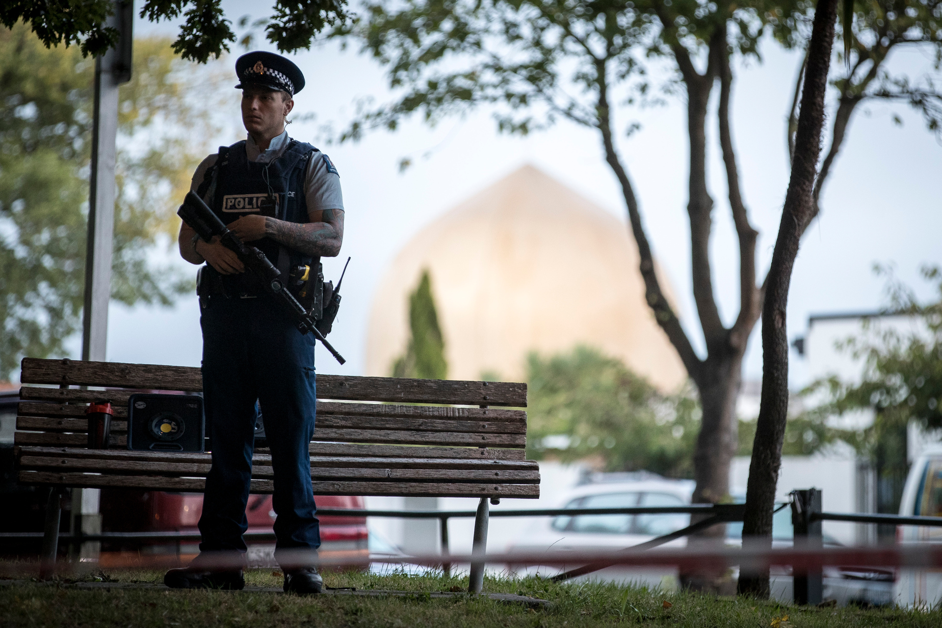 Armed police guard the Masjid Al Noor, Deans Ave Mosque on March 17, 2019. Photo / Michael Craig.