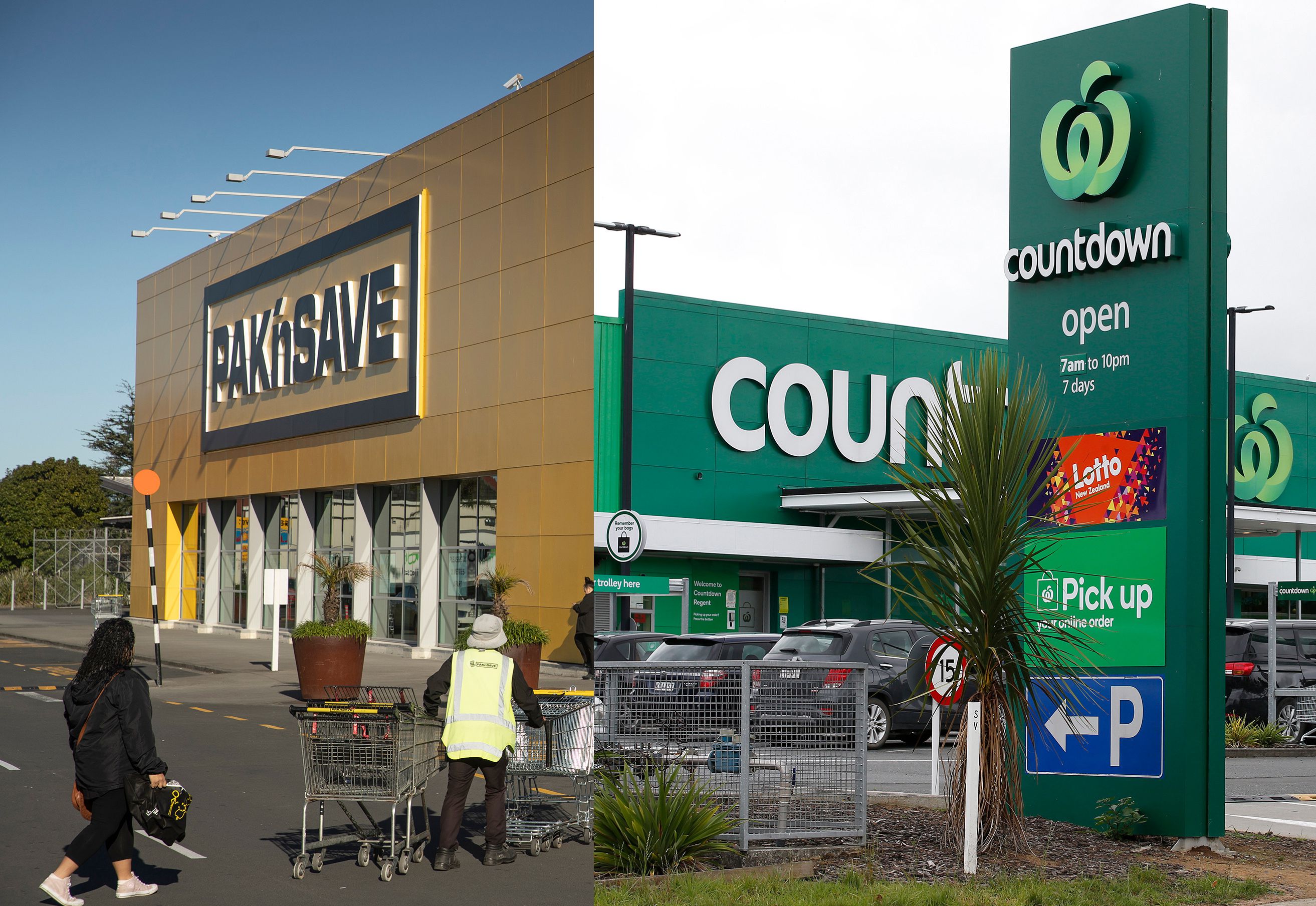 Foodstuffs-owned Pak'nSave and Woolworths-owned Countdown. Photo / NZME