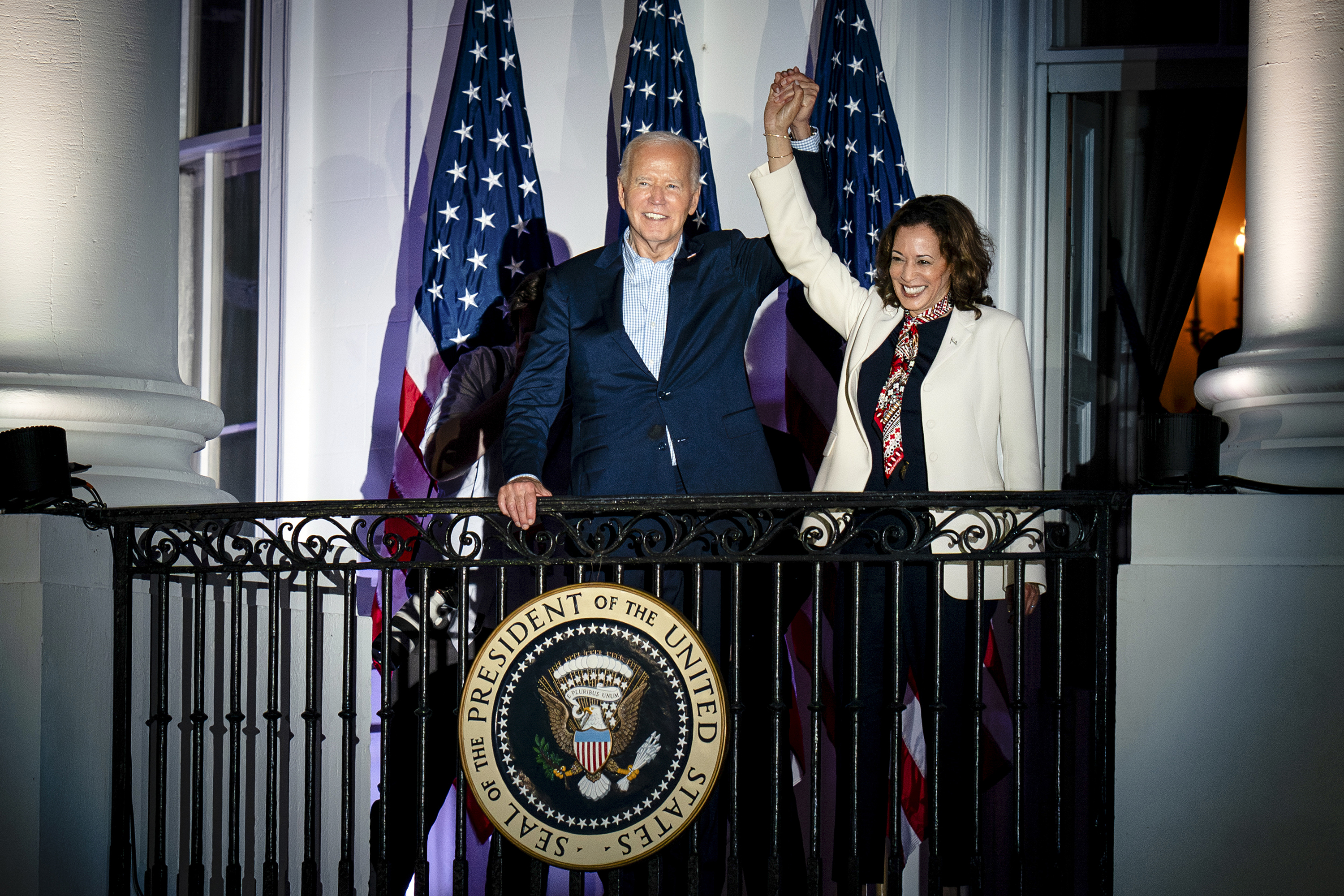 US President Joe Biden and Vice-President Kamala Harris watch the Fourth of July fireworks over the National Mall at the White House in Washington on July 4. Photo / New York Times