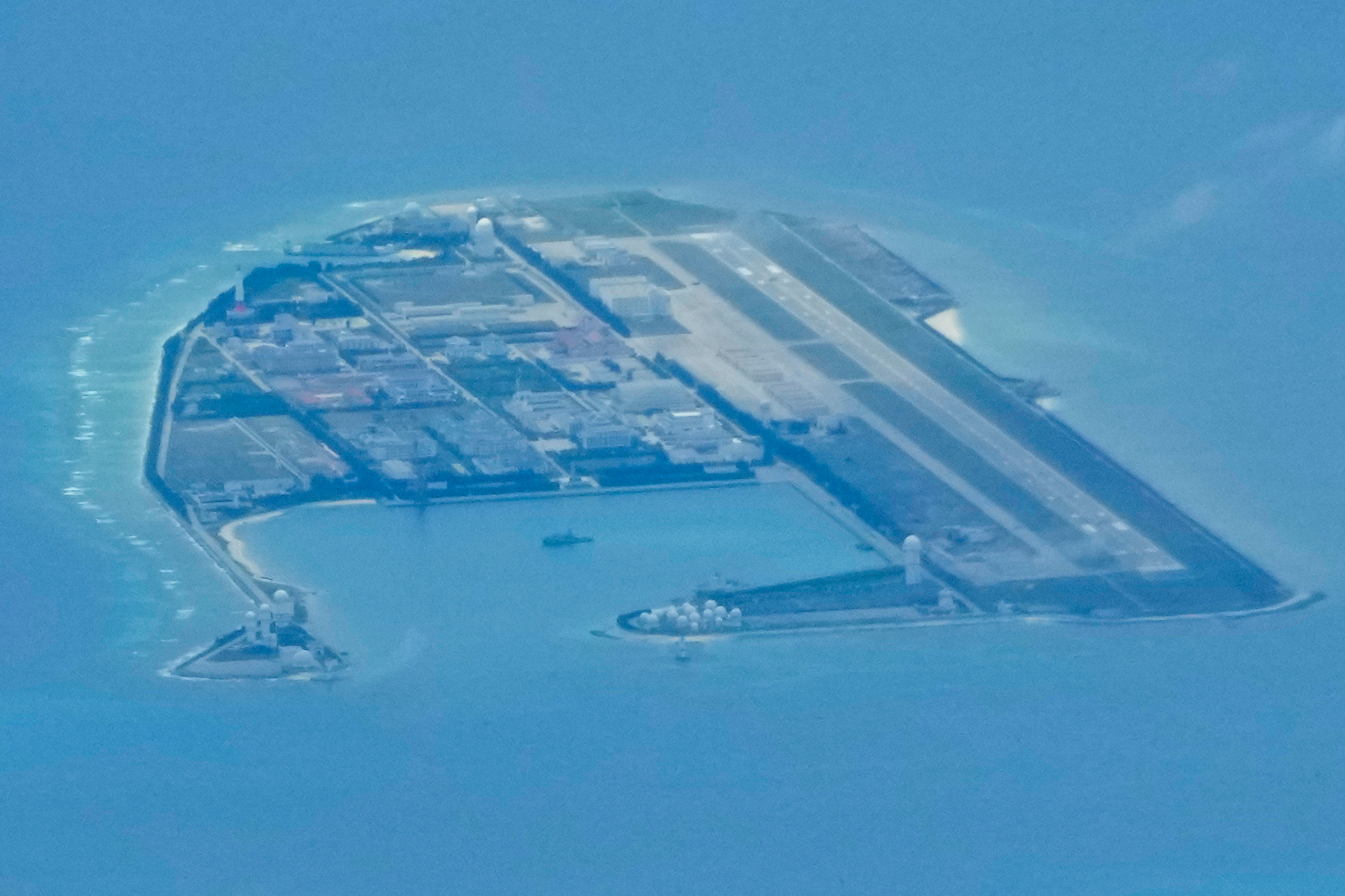 Structures and buildings at the man-made island on Mischief Reef at the Spratlys group of islands in the South China Sea. Photo / Aaron Favila, AP