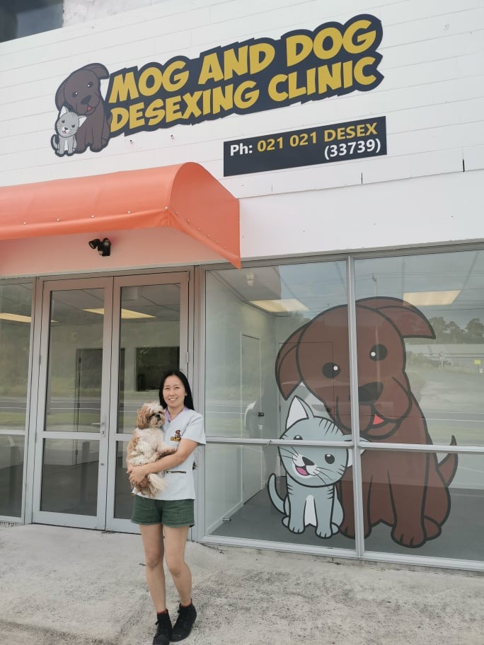 Veterinarian Jo Lin Chia outside her Mog and Dog Desexing Clinic in Whangārei.
