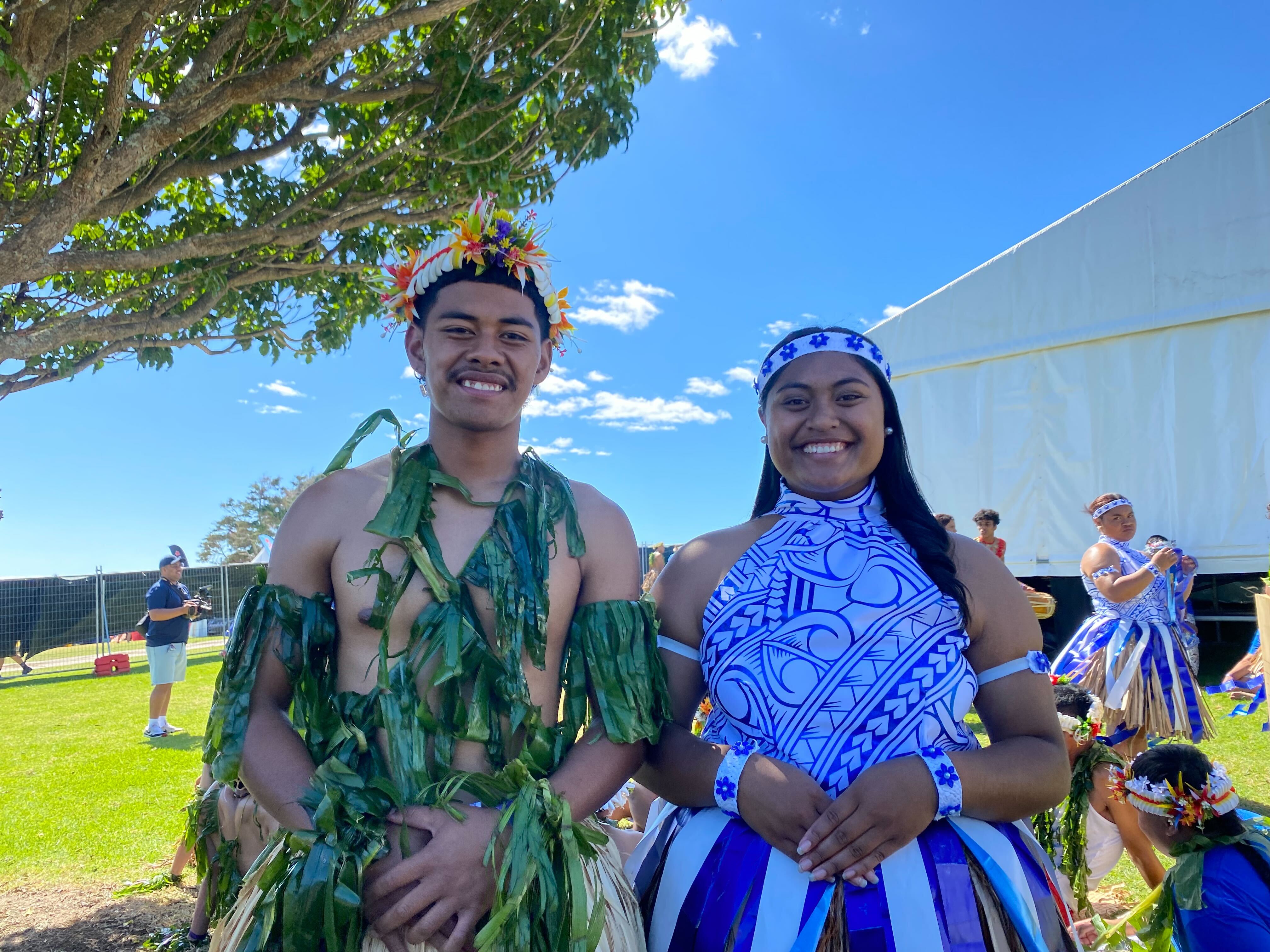 L-R: Massey High School Tuvaluan group co-leaders Esekielu John Tausi and Naria Kalele are proud to represent the small nation of Tuvalu. Photo / Riria Dalton-Reedy