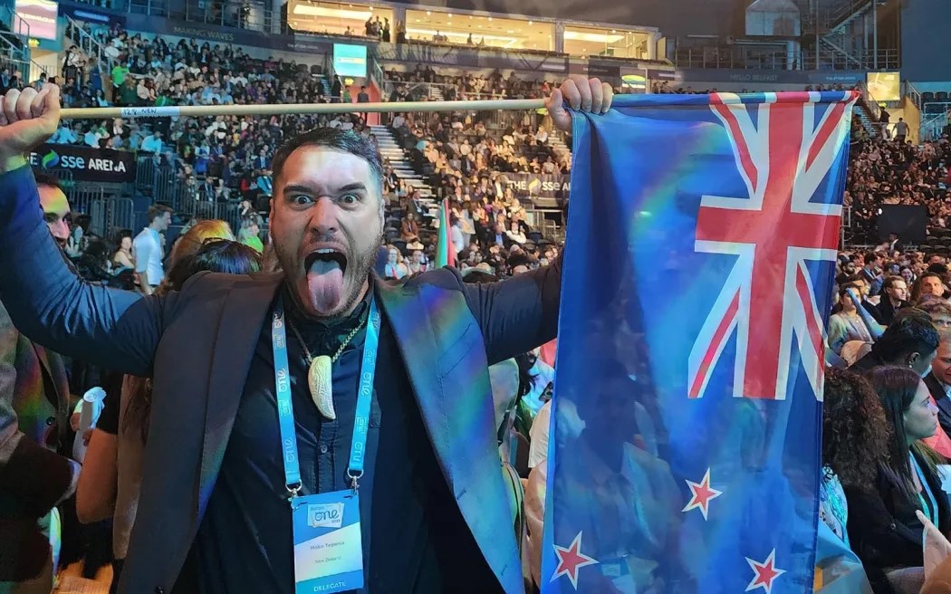 Far North Mayor Moko Tepania performs a pukana at the One Young World summit in Belfast.