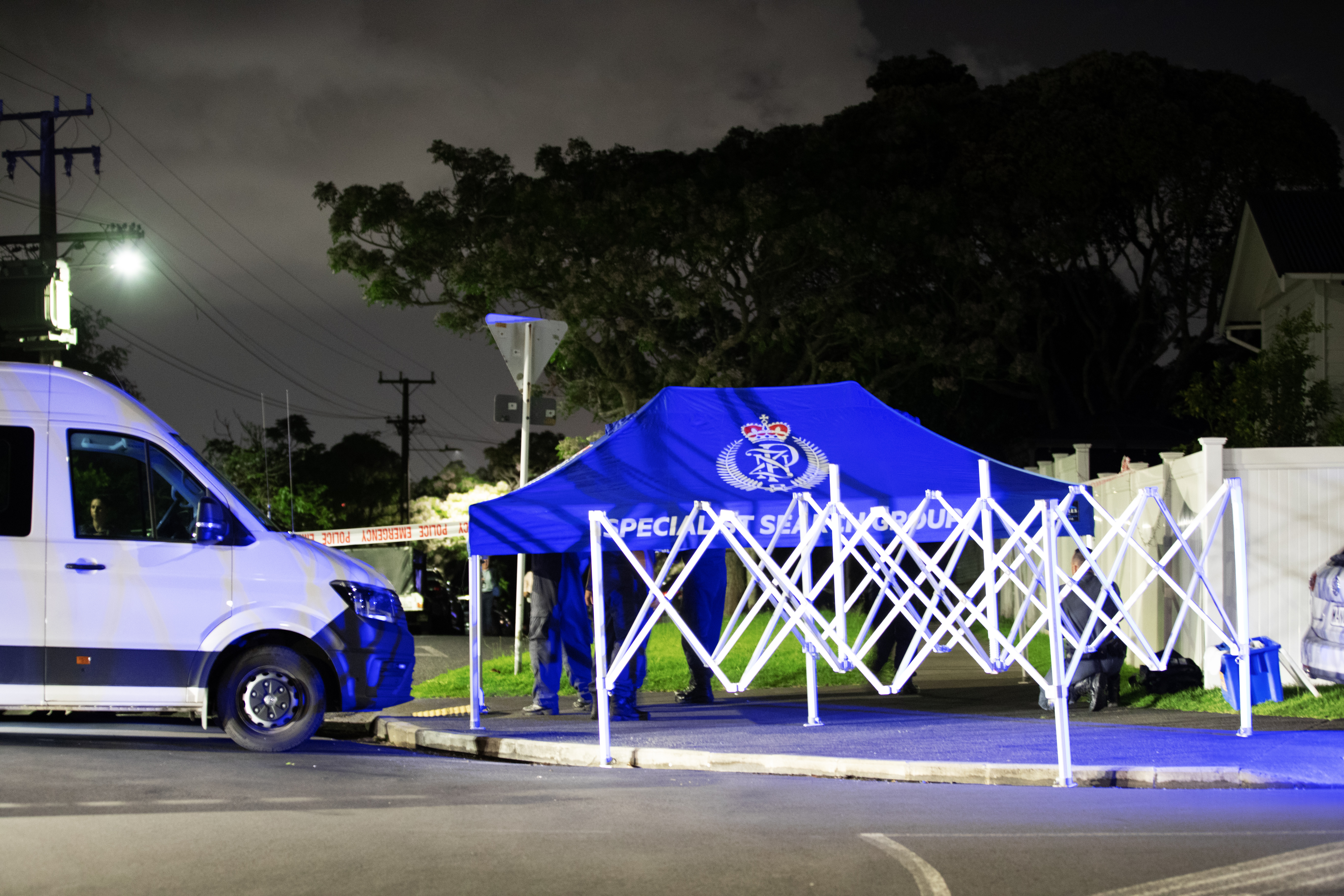 The police specialist search group set up multiple tents last night. Photo / Hayden Woodward