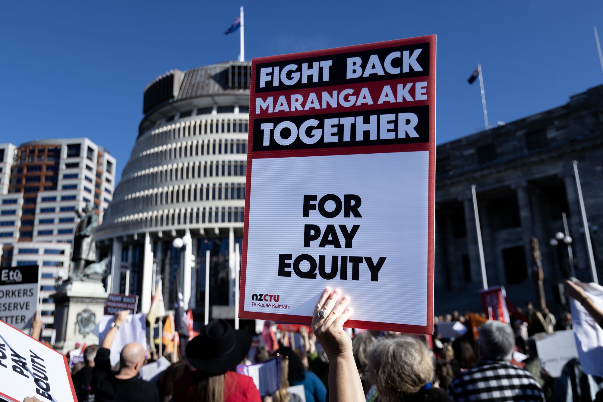 Pay equity protest in front of Parliament during the today's Budget 2025. Photo / Marty Melville