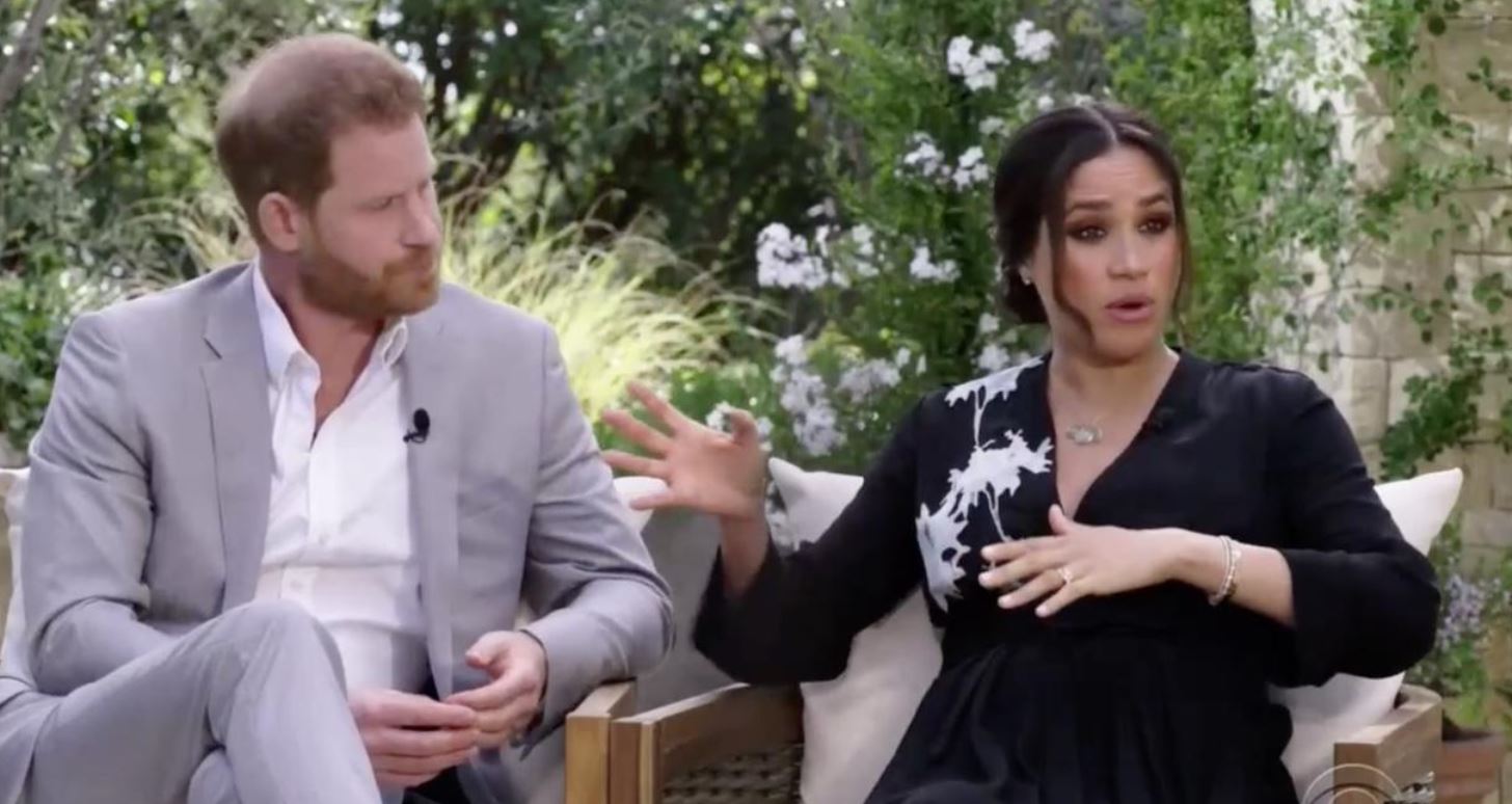 Harry and Meghan during their explosive interview with Oprah Winfrey. Photo / CBS