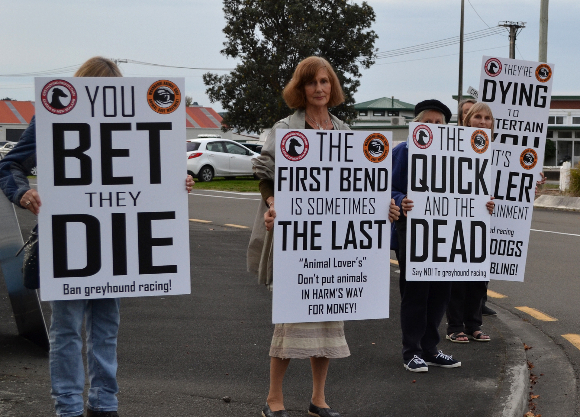 A small group of protestors have gathered outside the raceway during most race meets this year. Photo / NZME