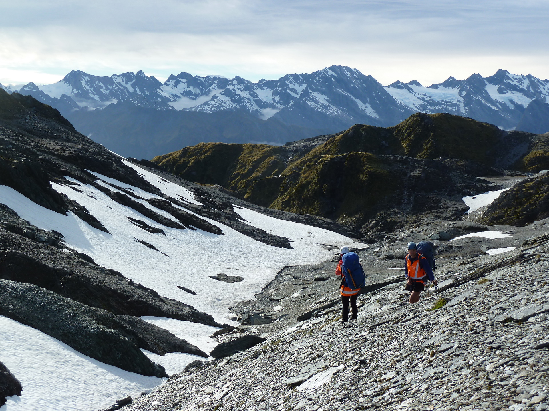 Manaaki Whenua Landcare researcher Dr Phil Novis (right) collects snow algae in Westland's Callery Valley with Professor Robin Kodner of Western Washington University in the US. Photo / Adrian Monks