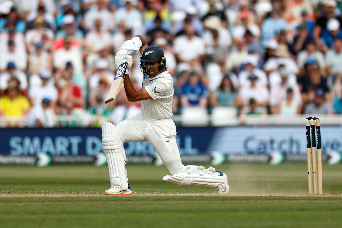 Rachin Ravindra bats on day three of the third test between the Black Caps and England in Nottingham. Photo / Photosport