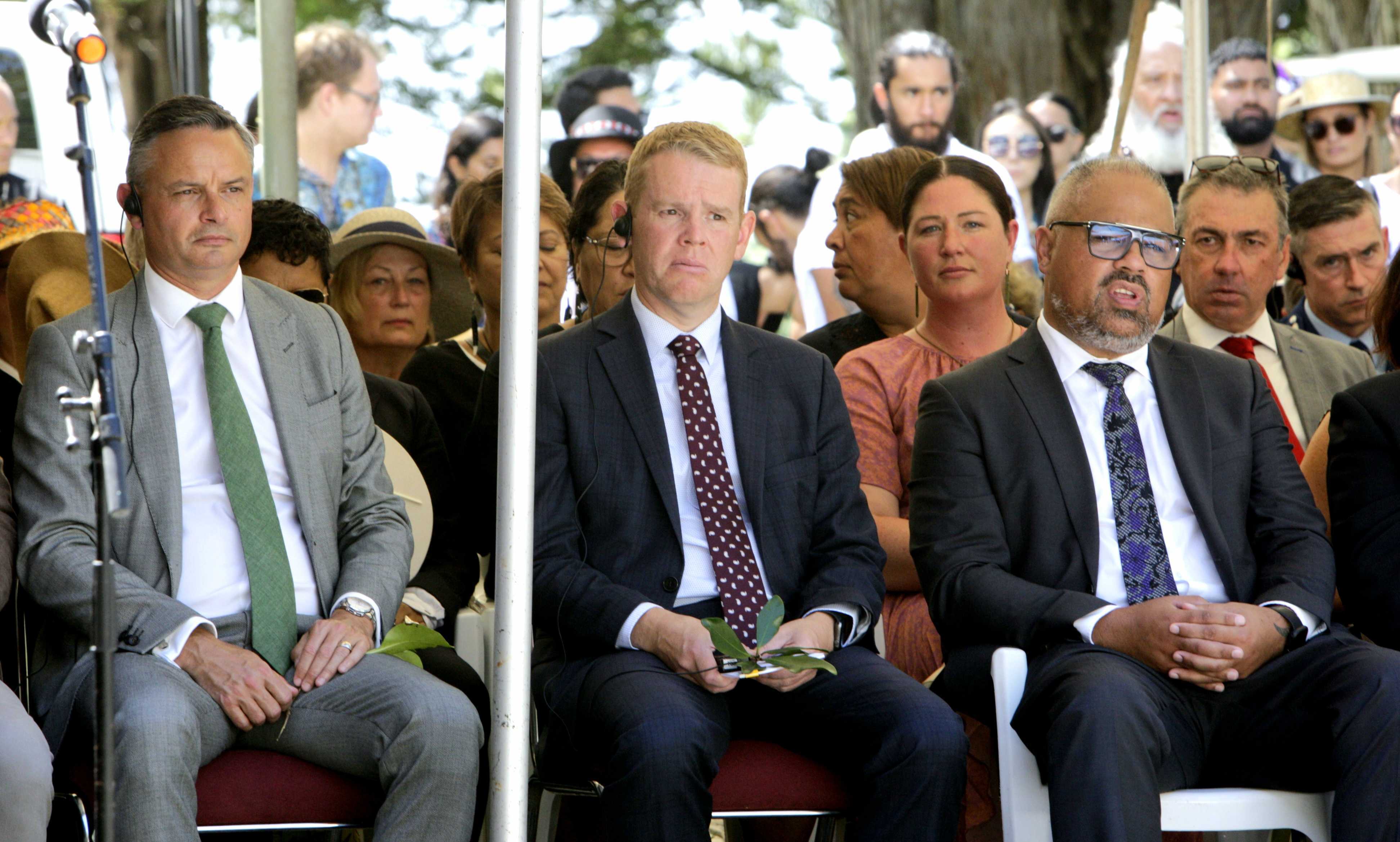 Green Party co-leader James Shaw, Prime Minister Chris Hipkins and Labour MP for Tāmaki Makaurau Peeni Henare at Waitangi. Photo / Tania Whyte