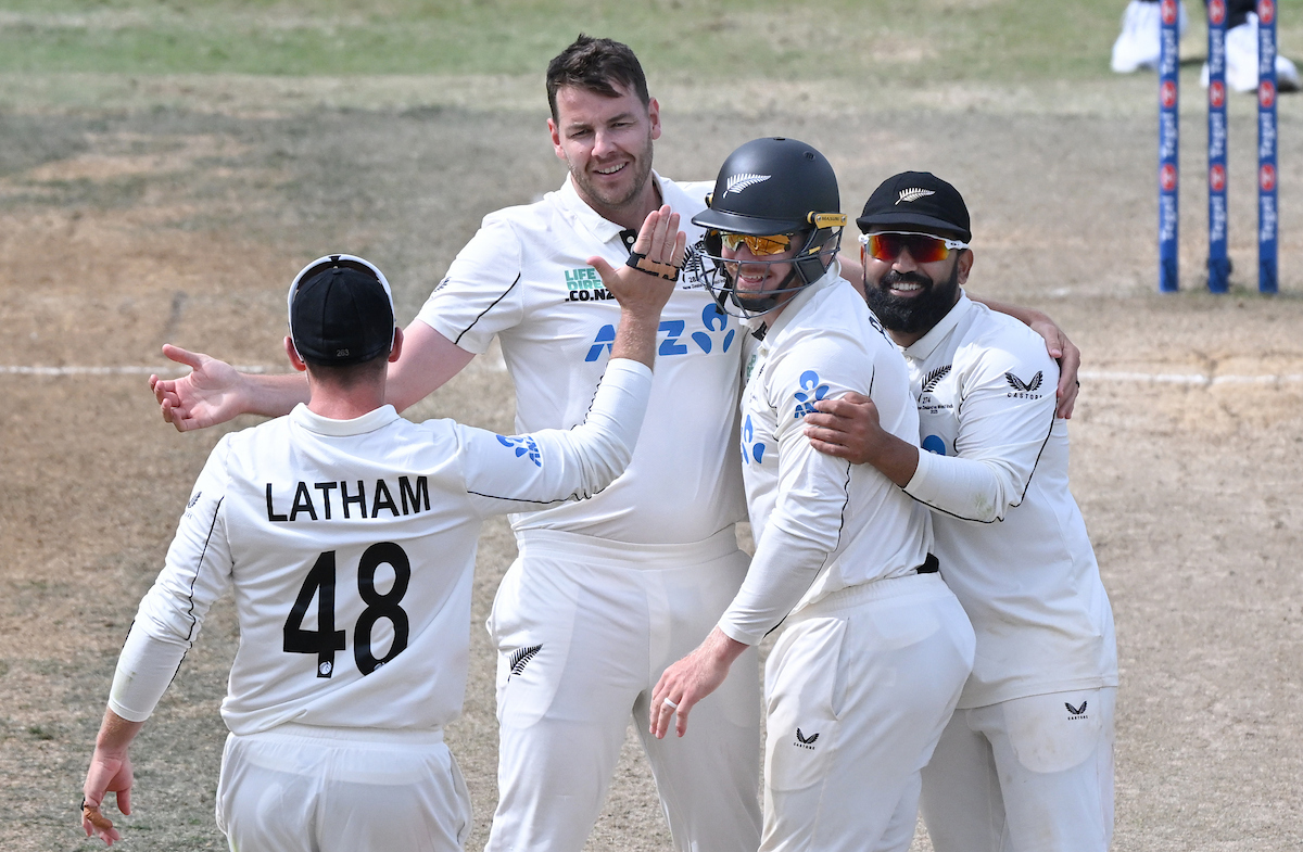 The Black Caps celebrate Jacob Duffy's fifth wicket on day five of the third test against the West Indies in Christchurch. Photo / Photosport