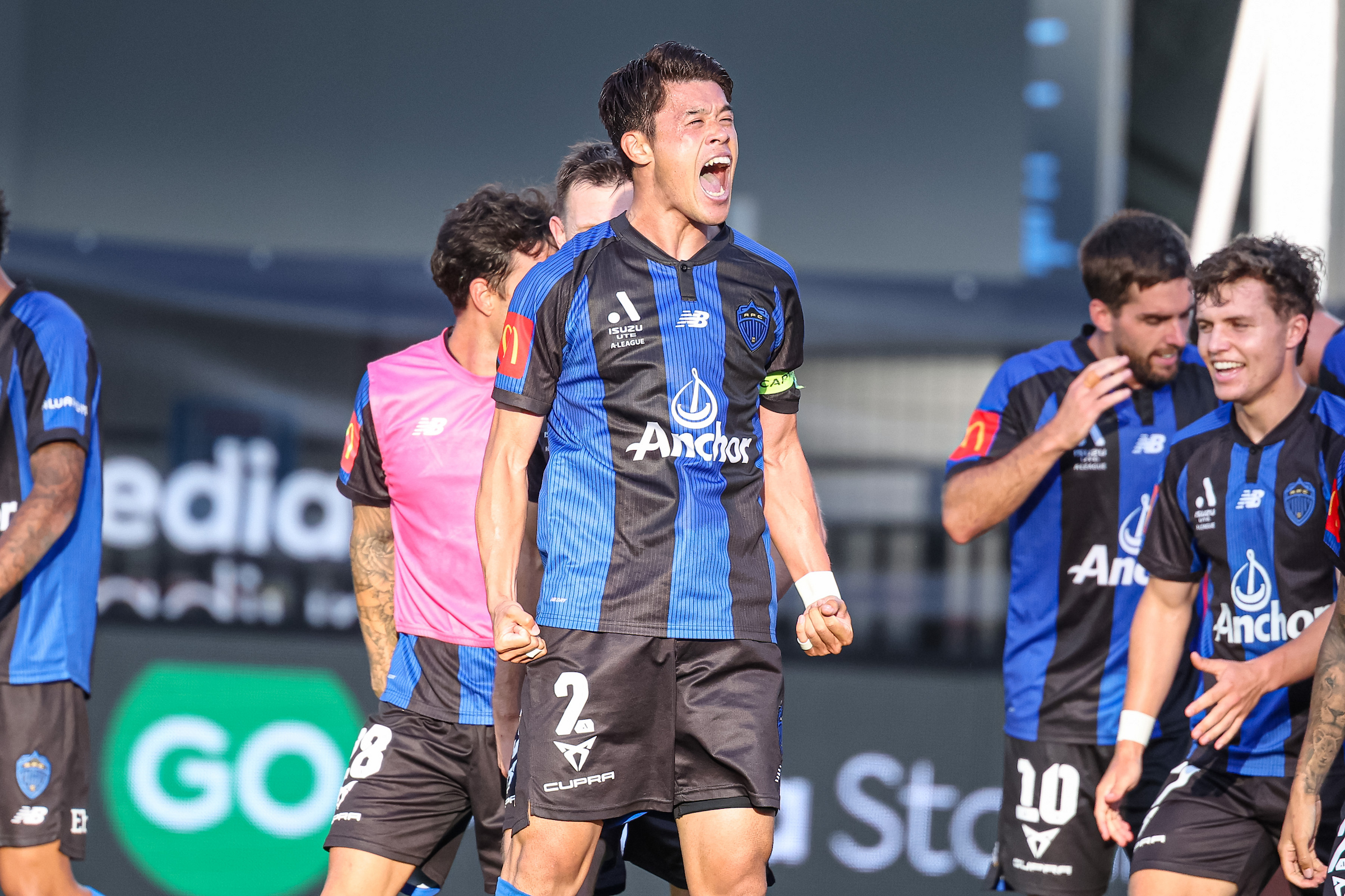 Auckland FC's Hiroki Sakai celebrates scoring a goal for the A-League side. Photo / Shane Wenzlick / www.photosport.nz