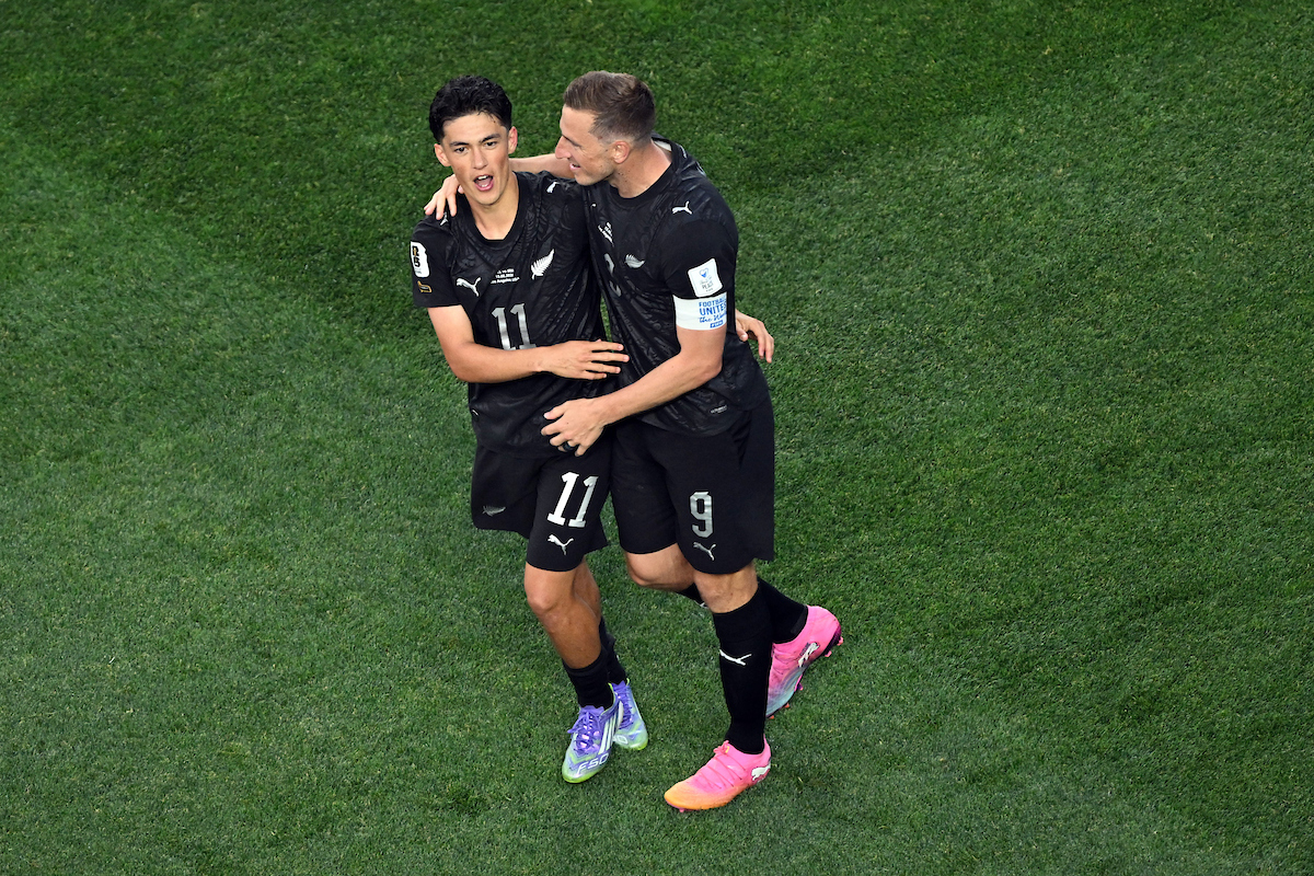 Eli Just celebrates his goal with Chris Wood during the Fifa World Cup clash against Iran at Los Angeles Stadium. Photo / Photosport