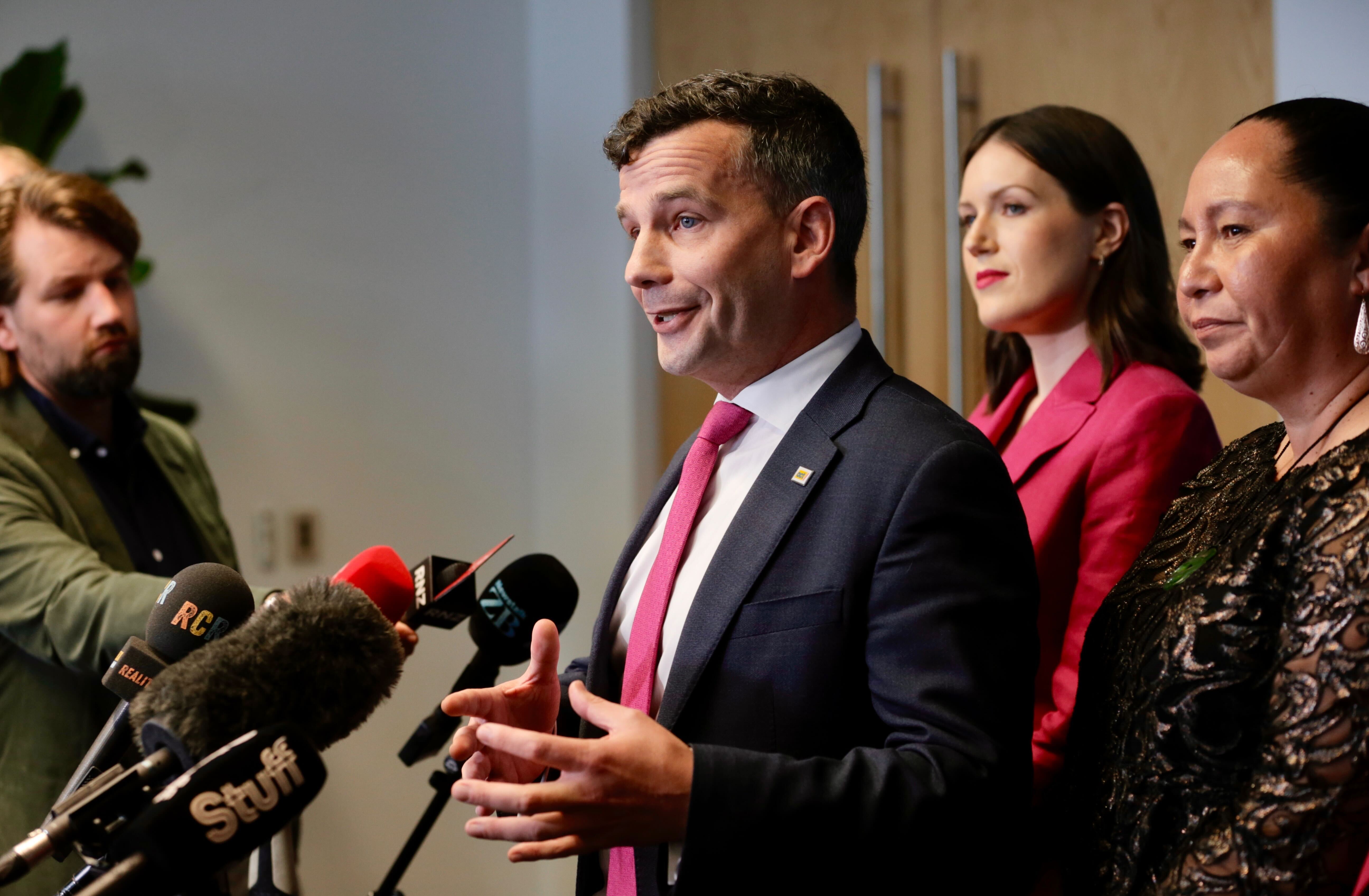 Act leader David Seymour fronts media while flanked by Cabinet minister Brooke van Velden, and Nicole McKee, at the 2024 annual rally. Photo / Alex Burton