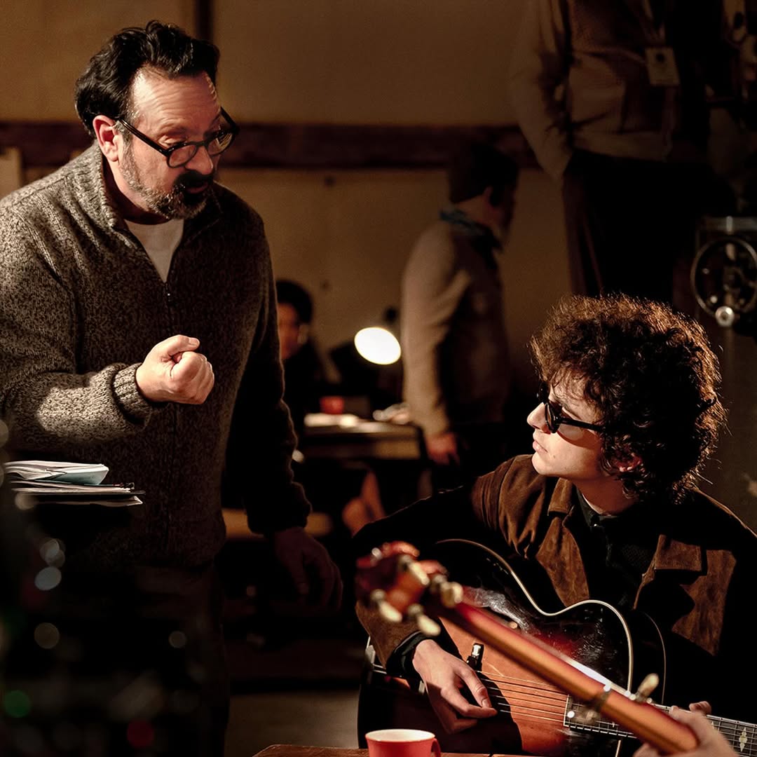 James Mangold and Timothée Chalamet on the set of A Complete Unknown. Photo / @completeunknownfilm
