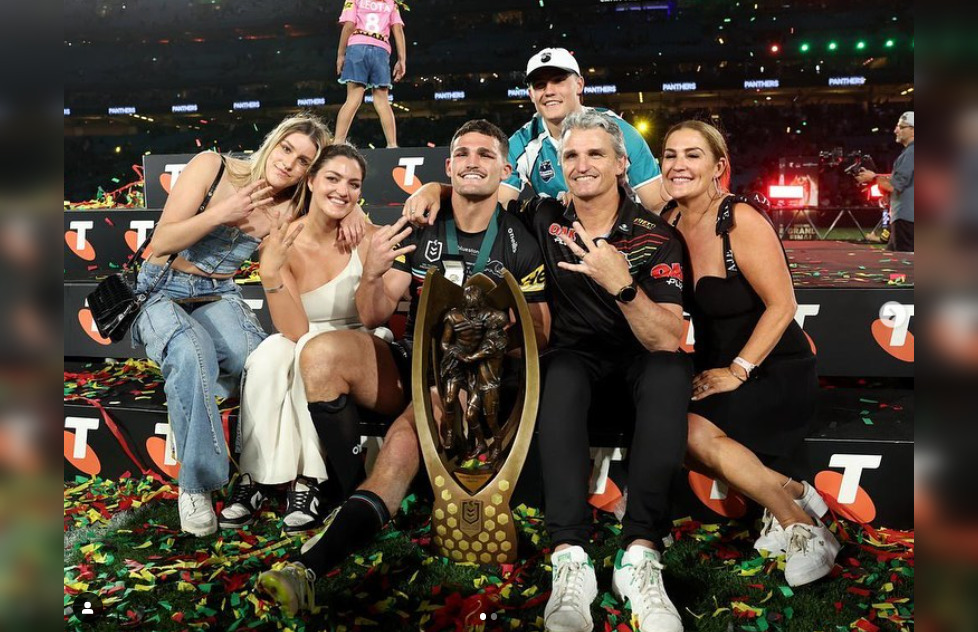 The Cleary family celebrate together after their third-straight NRL finals win. Jett, pictured at the back, has signed with the Warriors. Photo / Instagram