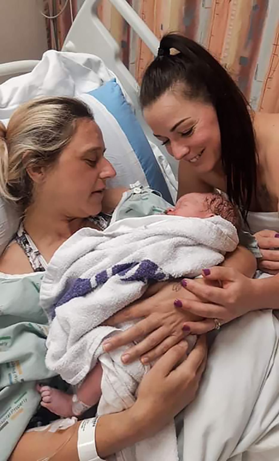 Larnder with Grayson and surrogate Janelle Freeman soon after his birth on April 1, 2020. Photo / Supplied
