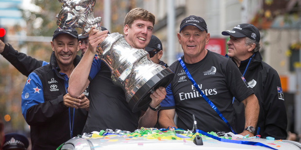 Peter Burling and Grant Dalton during a parade in Auckland after Team New Zealand won the 2017 America's Cup. Photo / Greg Bowker