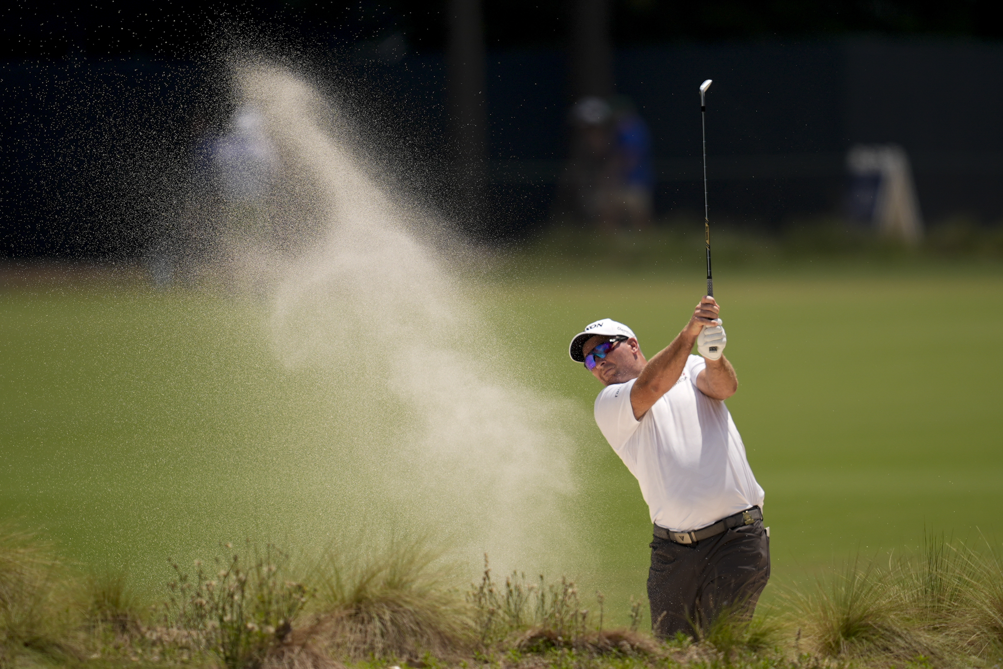 Ryan Fox hits from the bunker during the second round of the US Open at Pinehurst No 2. Photo / AP