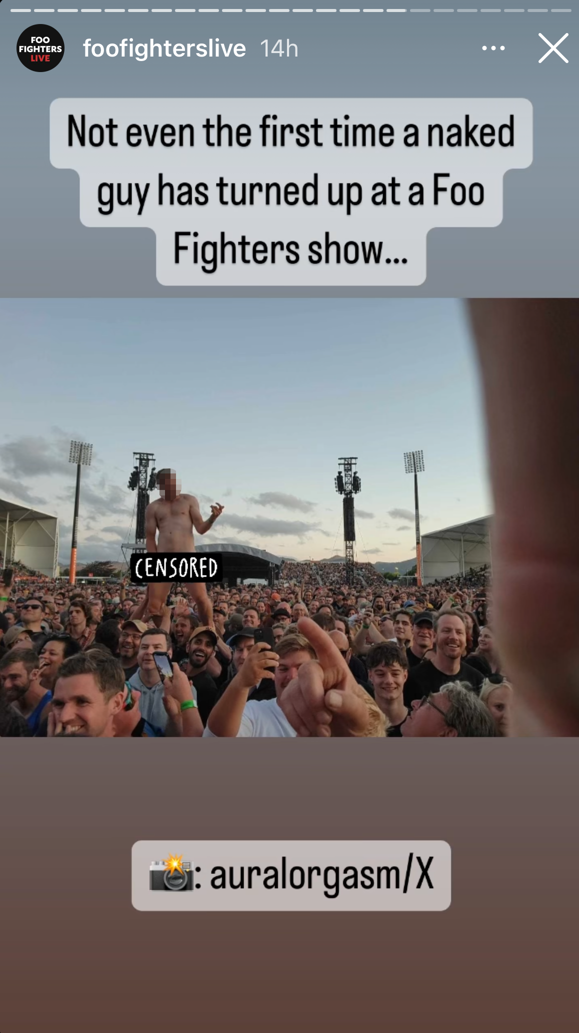 Elevated above the crowd, the naked fan played air guitar. Photo / @foofighterslive