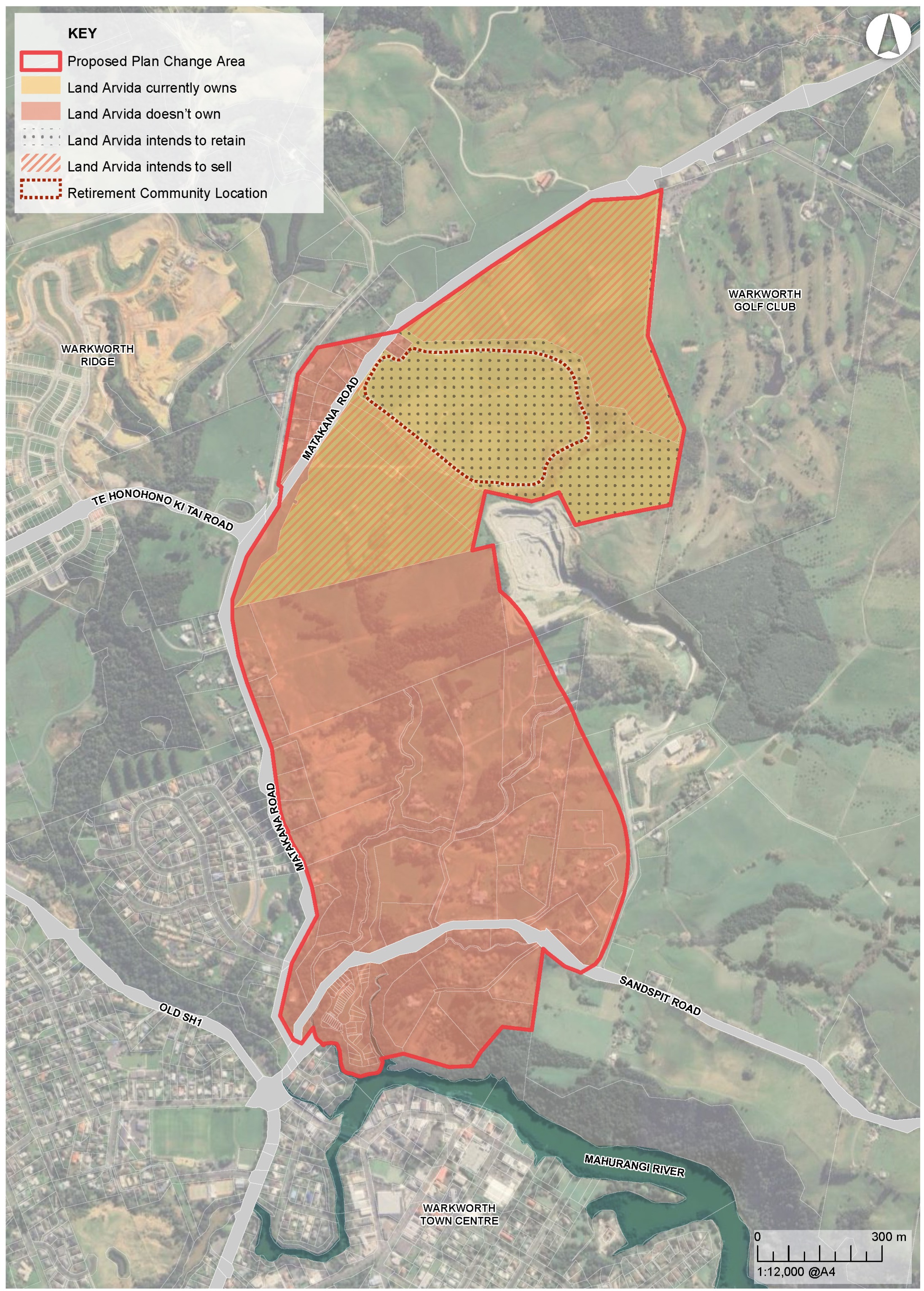Map of the land Arvida wants the council to rezone for urban development. The yellow area is the proposed site of its new retirement village. The main Warkworth township is below the river and the bottom of the map; the golf course is to the upper right.