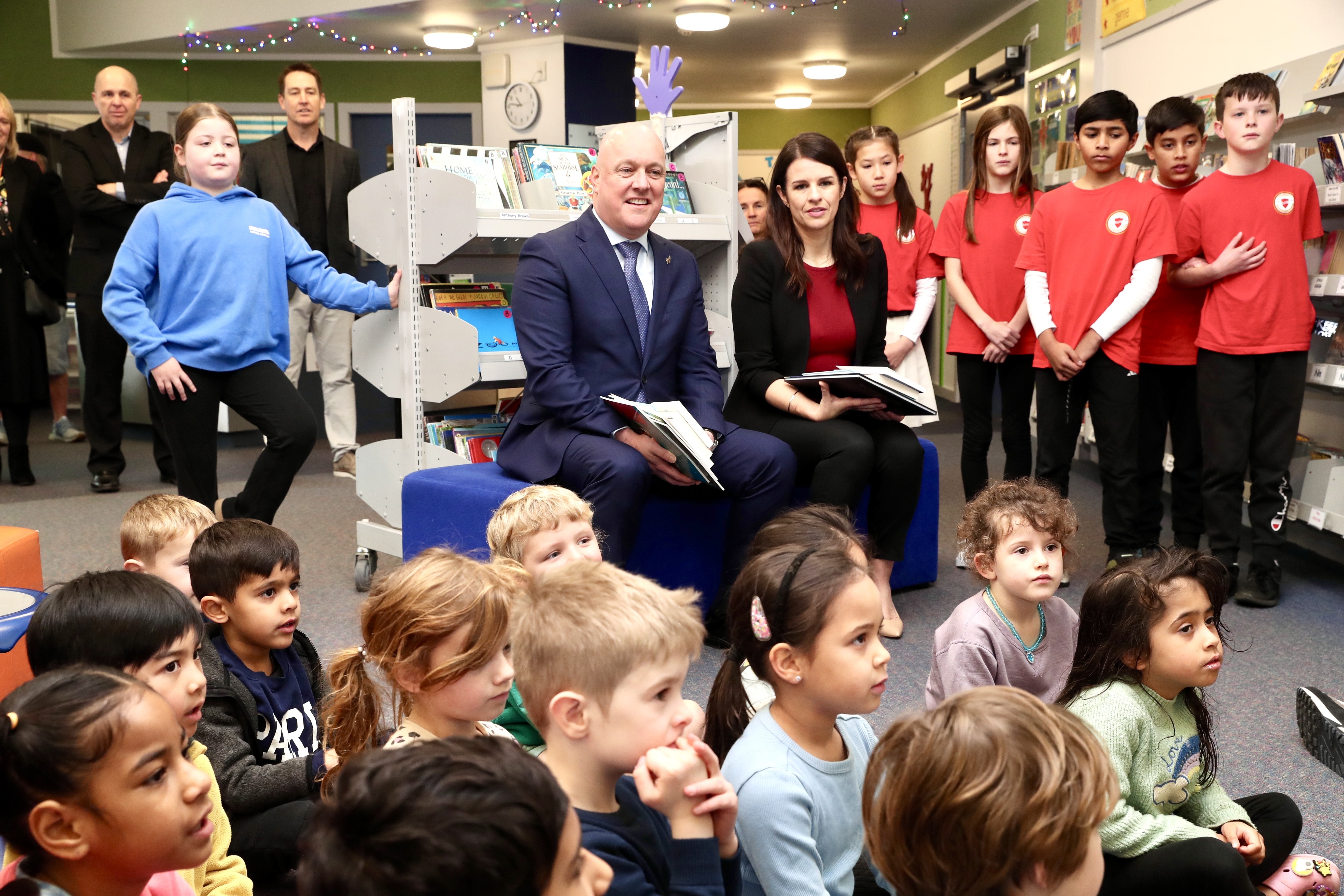 Prime Minister Christopher Luxon and Education Minister Erica Stanford visit Silverstream primary school. Photo / Mark Mitchell.