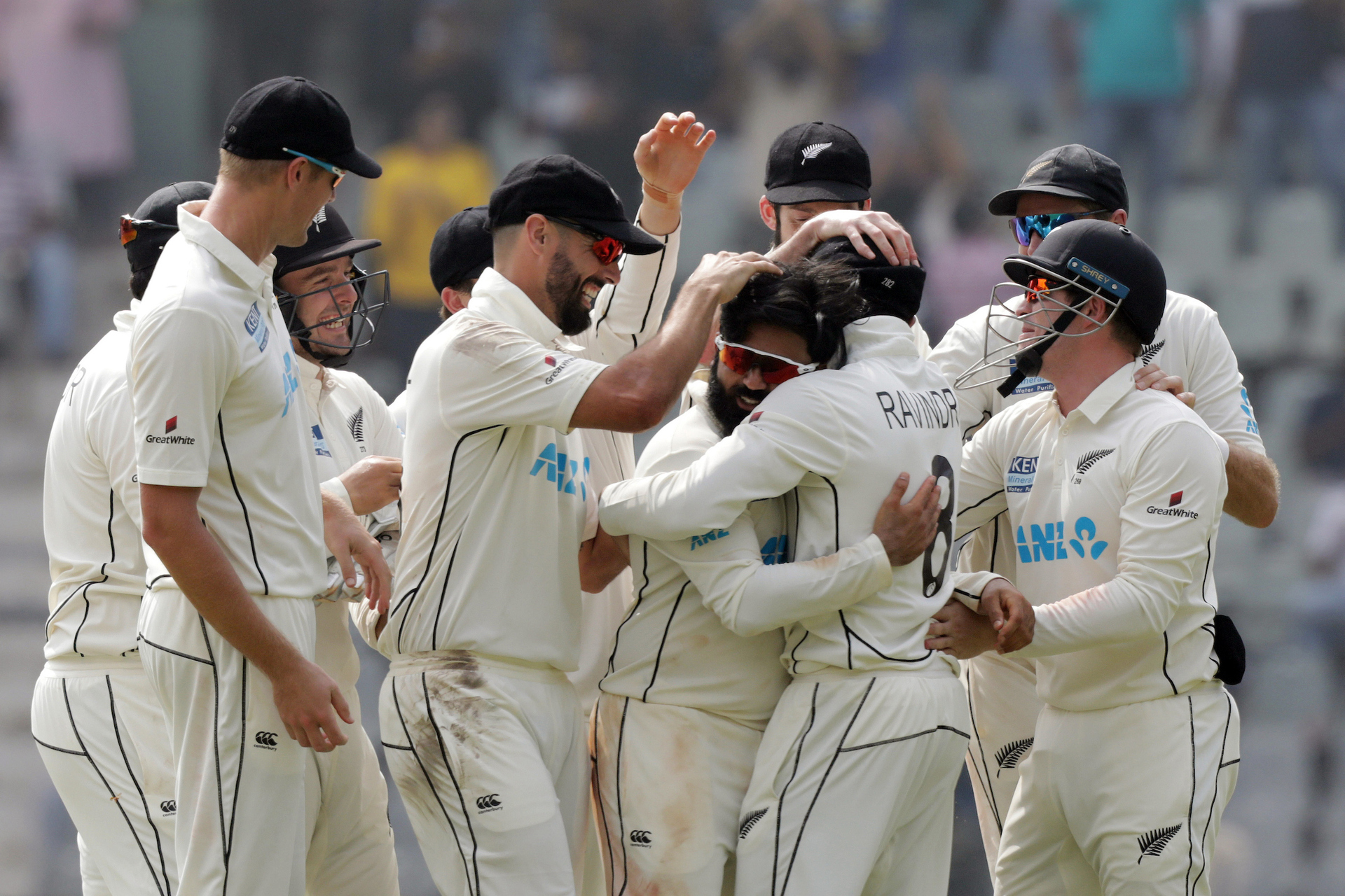 Ajaz Patel of New Zealand celebrates the wicket of Mohd.Siraj of India with players during day two of the 2nd test match between India and New Zealand. Photo / Photosport.co.nz