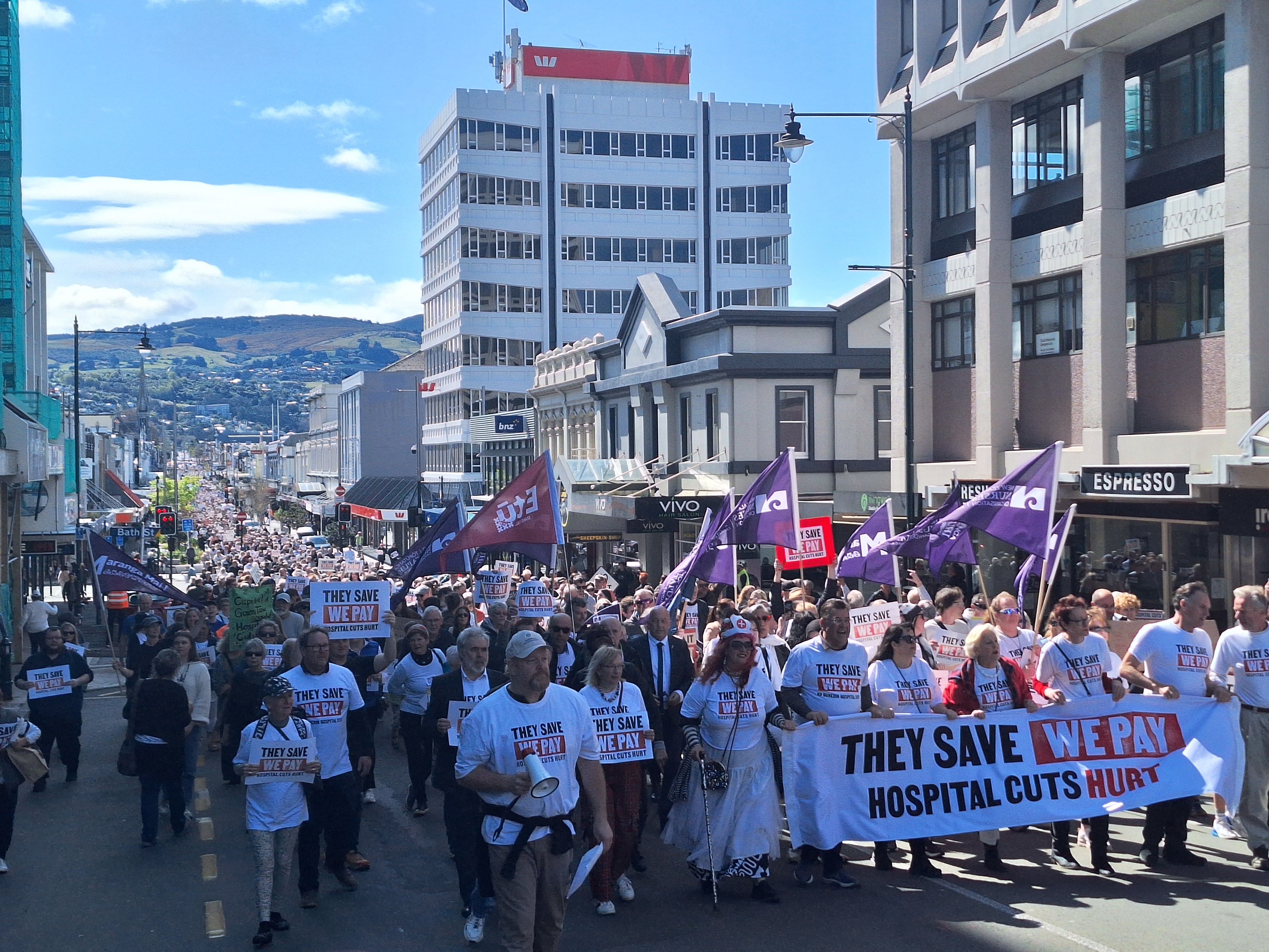 An estimated 35,000 people marched against the governments proposed hospital cuts in Dunedin on Saturday. Photo / Ben Tomsett
