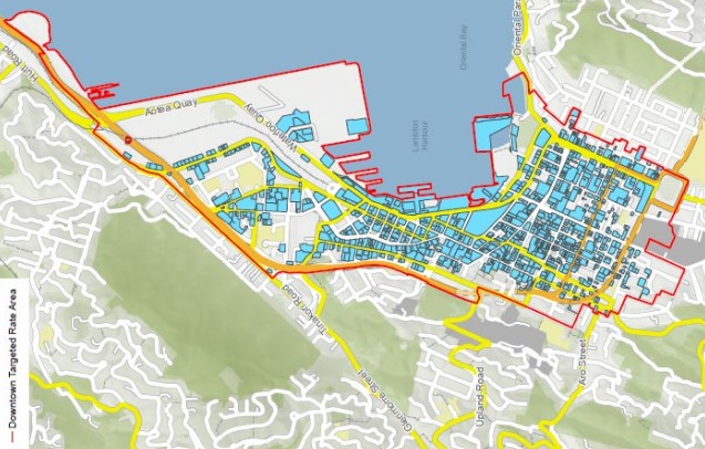 A map of the properties captured by Wellington City Council's downtown levy. Photo / WCC