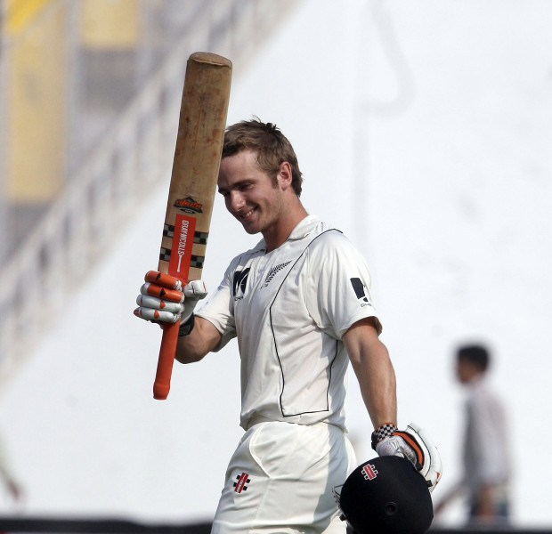 Kane Williamson celebrates a century in his test debut against India in 2010. Photo / Photosport