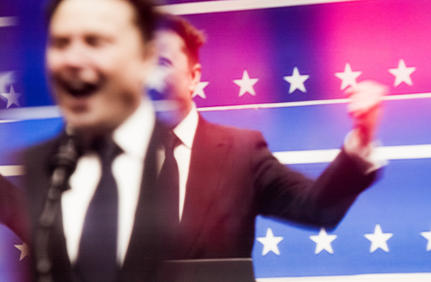 On the night of President Donald Trump’s inauguration, January 20, 2025, a television plays video of Elon Musk speaking. Photo / IOULEX, The New York Times