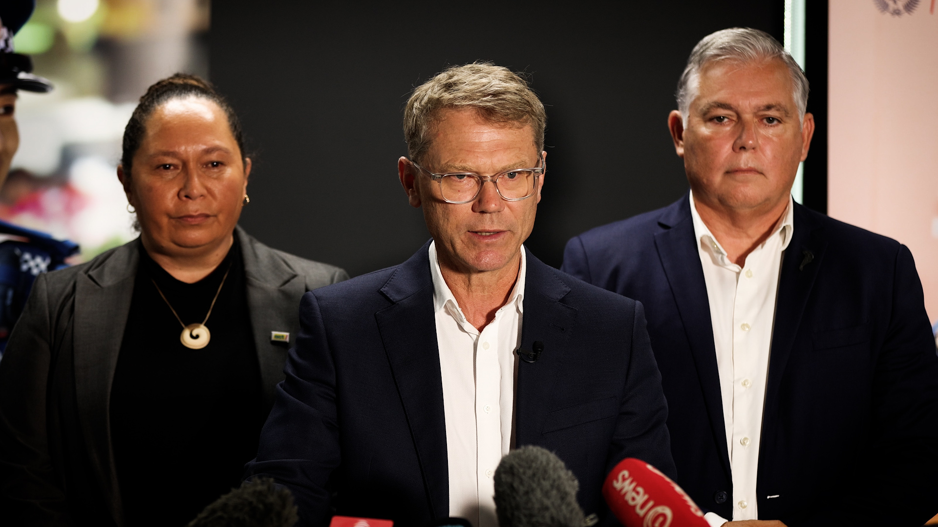 Act's Nicole McKee (from left), Justice Minister Paul Goldsmith and Police Minister Mark Mitchell announce new legislation targeting gangs. Photo / Michael Craig February 25, 2024