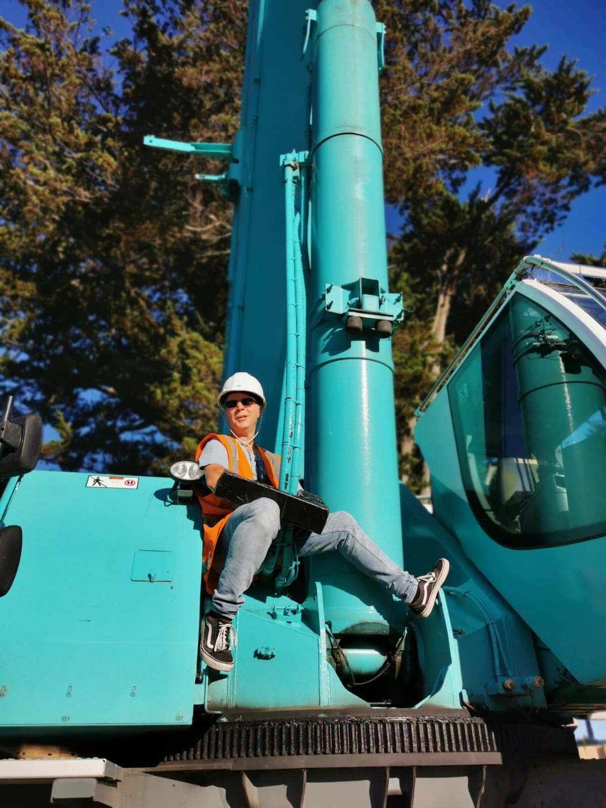 Wayne Dwopsnic chained himself to a crane to stop the 160-year-old macrocarpa in Avondale from being felled. Photo / Supplied